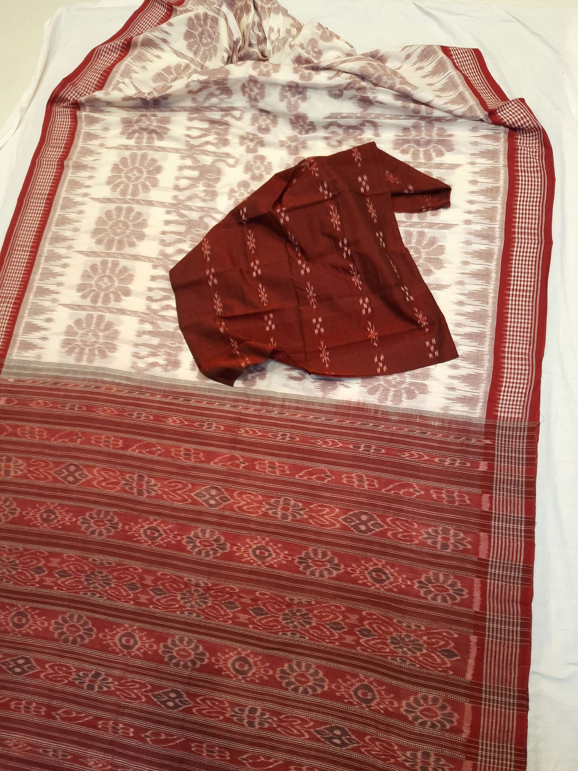 Beige with Maroon Khandua cotton ikat Saree with mix match red cotton Ikat blouse