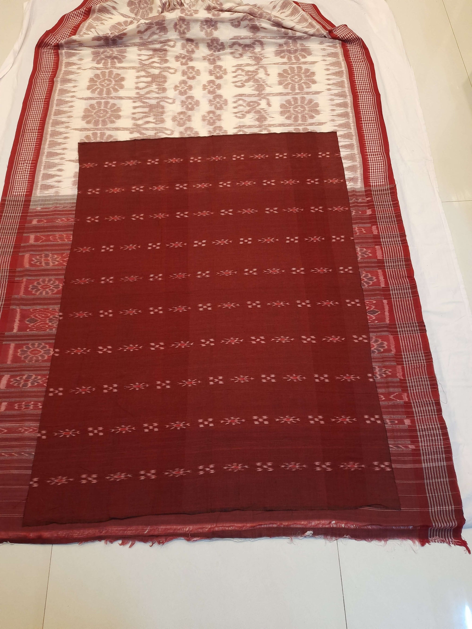 Beige with Maroon Khandua cotton ikat Saree with mix match red cotton Ikat blouse