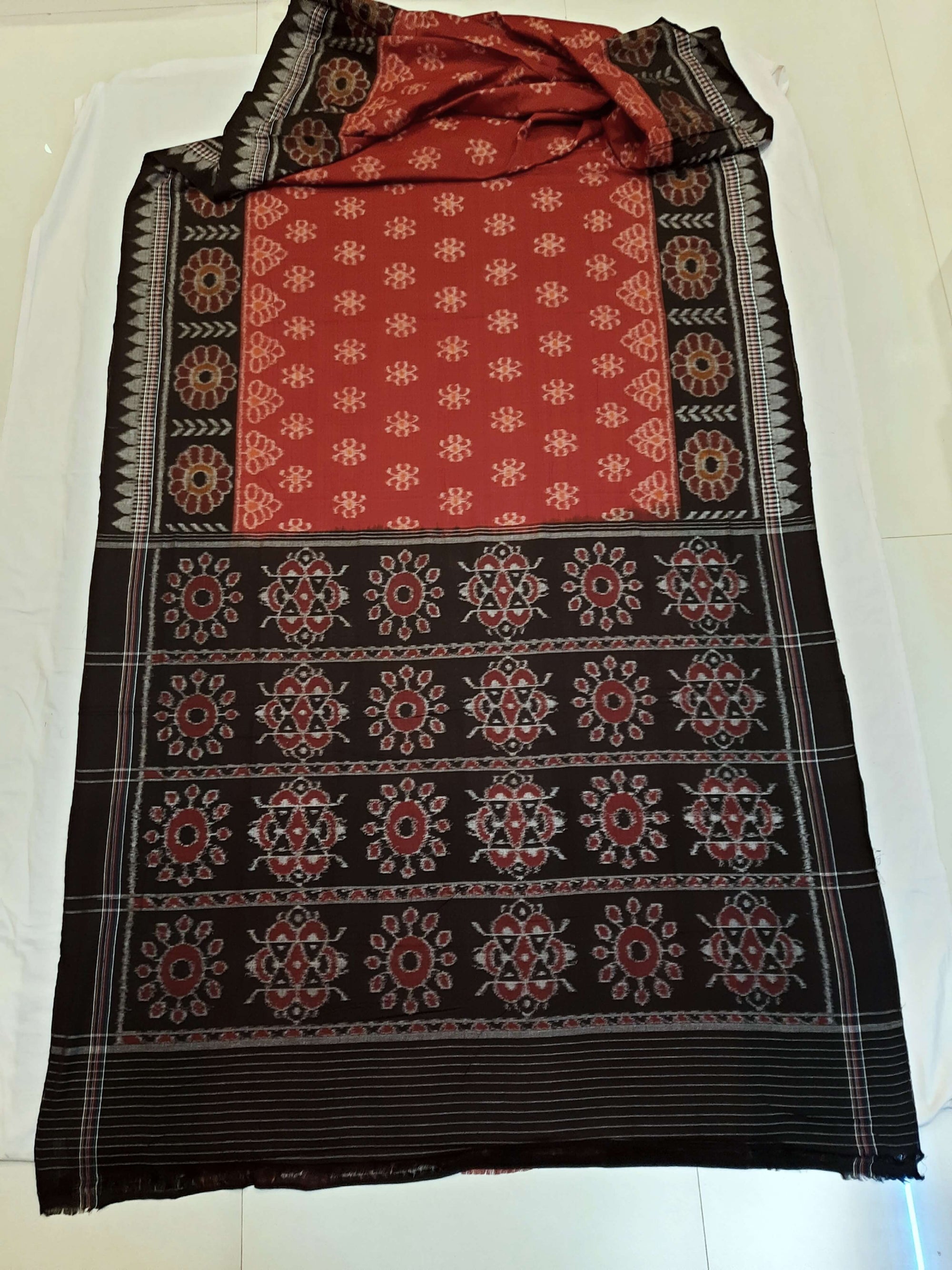 Red Odisha Ikat saree with cotton ikat blouse piece