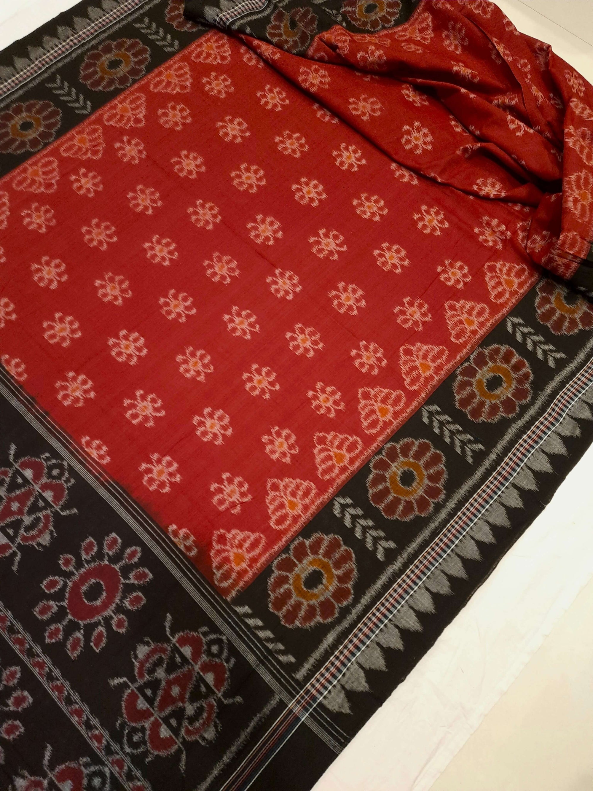 Red Odisha Ikat saree with cotton ikat blouse piece