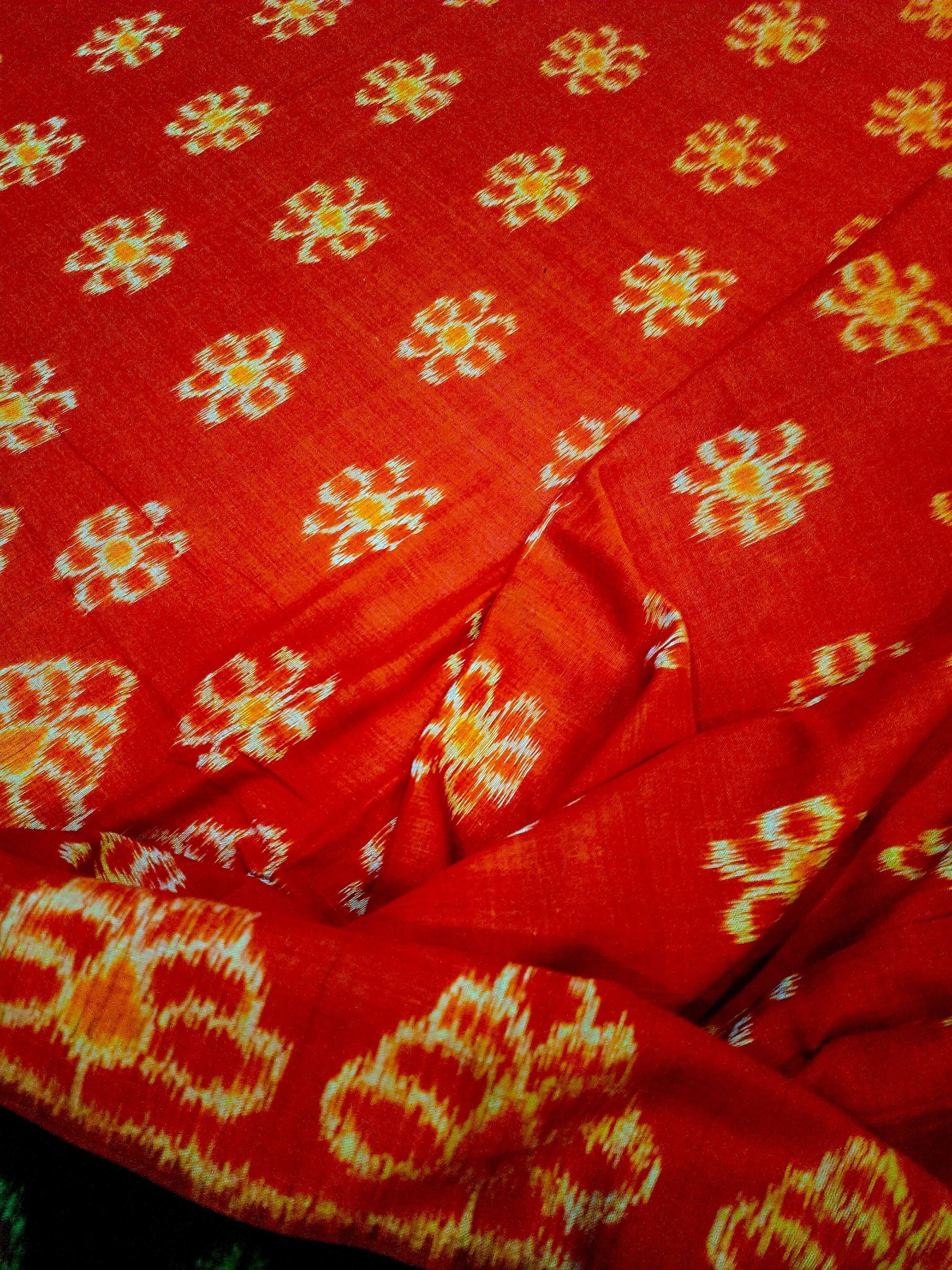 Red Odisha Ikat saree with cotton ikat blouse piece