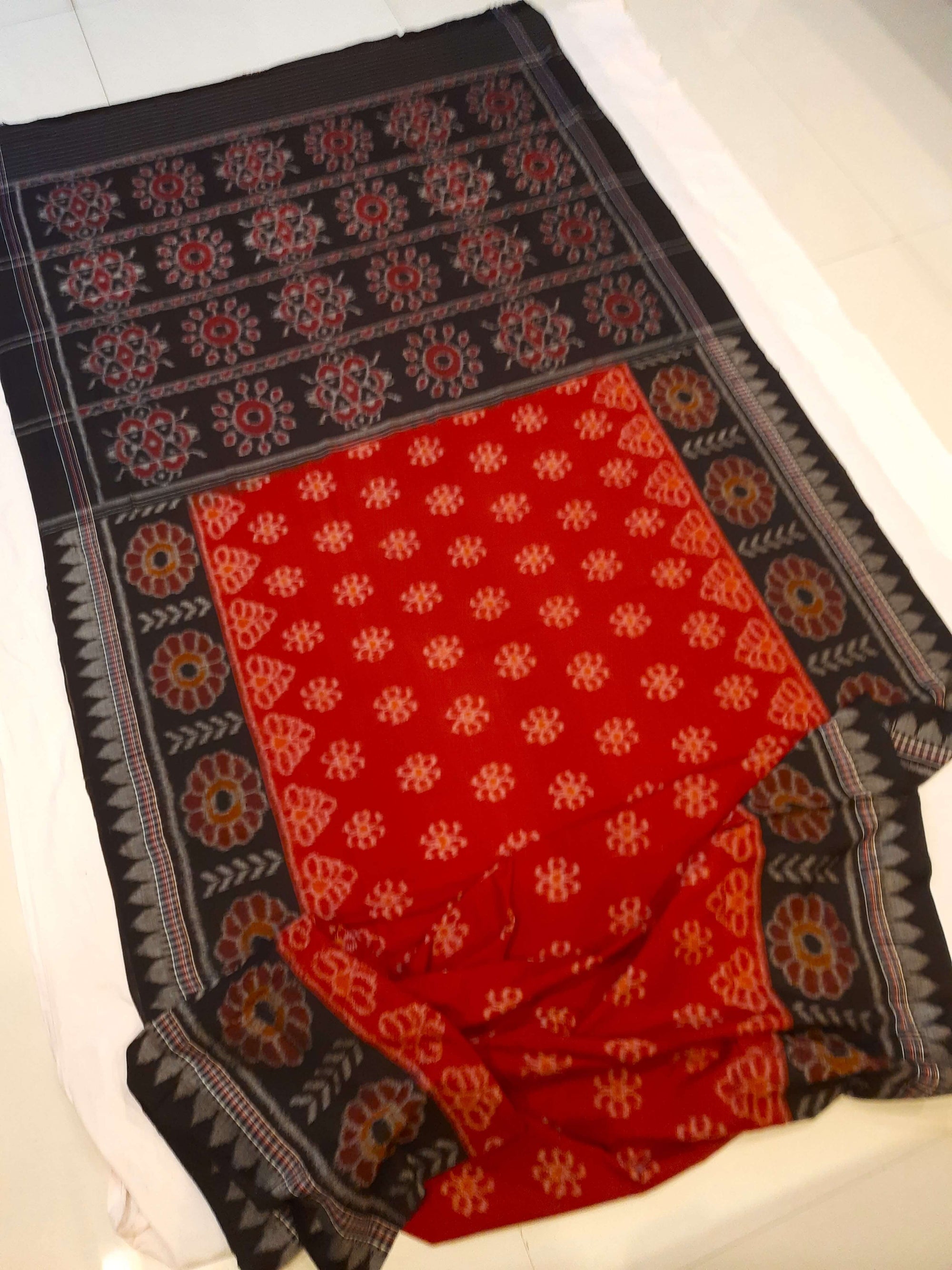 Red Odisha Ikat saree with cotton ikat blouse piece