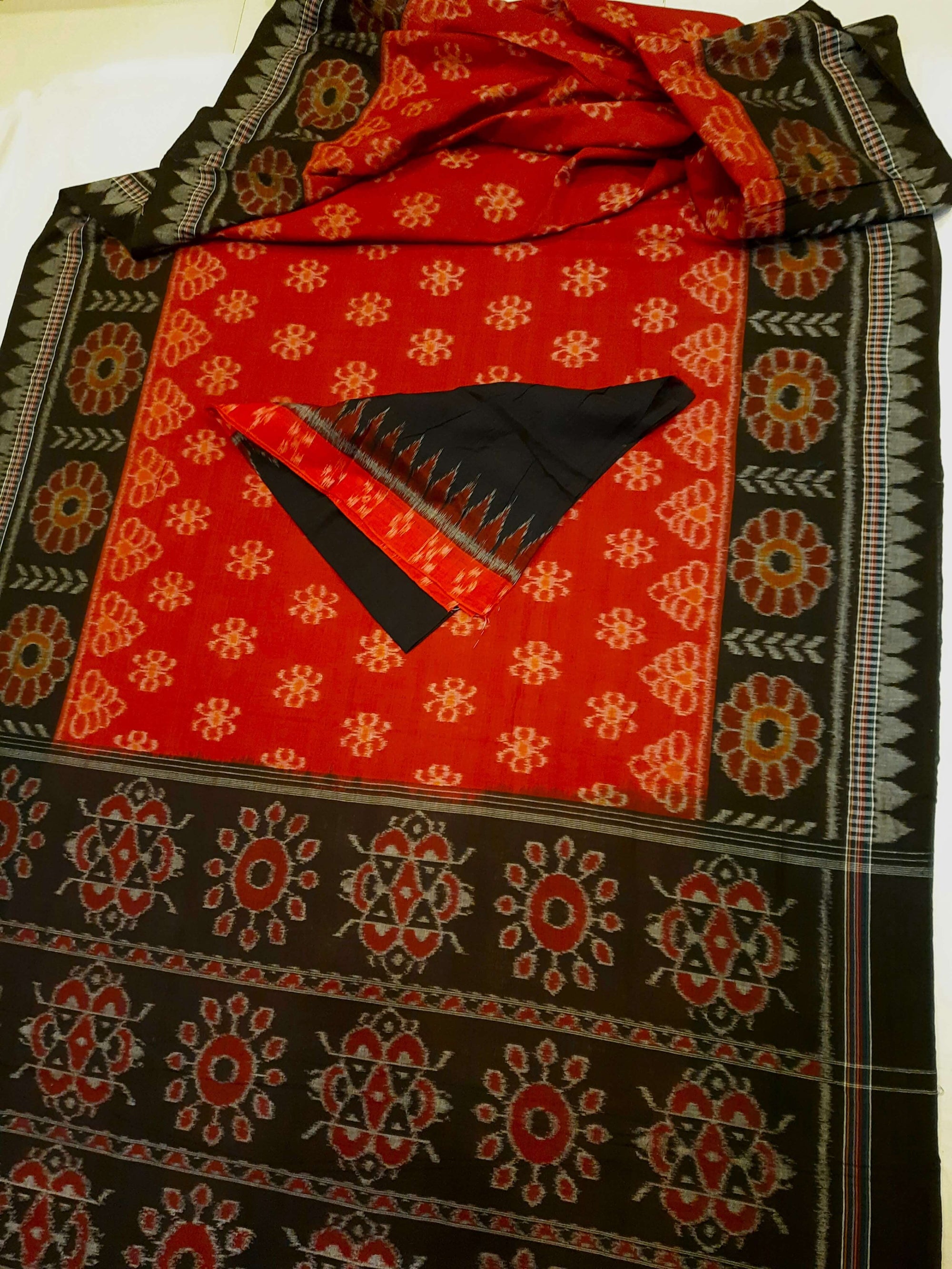 Red Odisha Ikat saree with cotton ikat blouse piece
