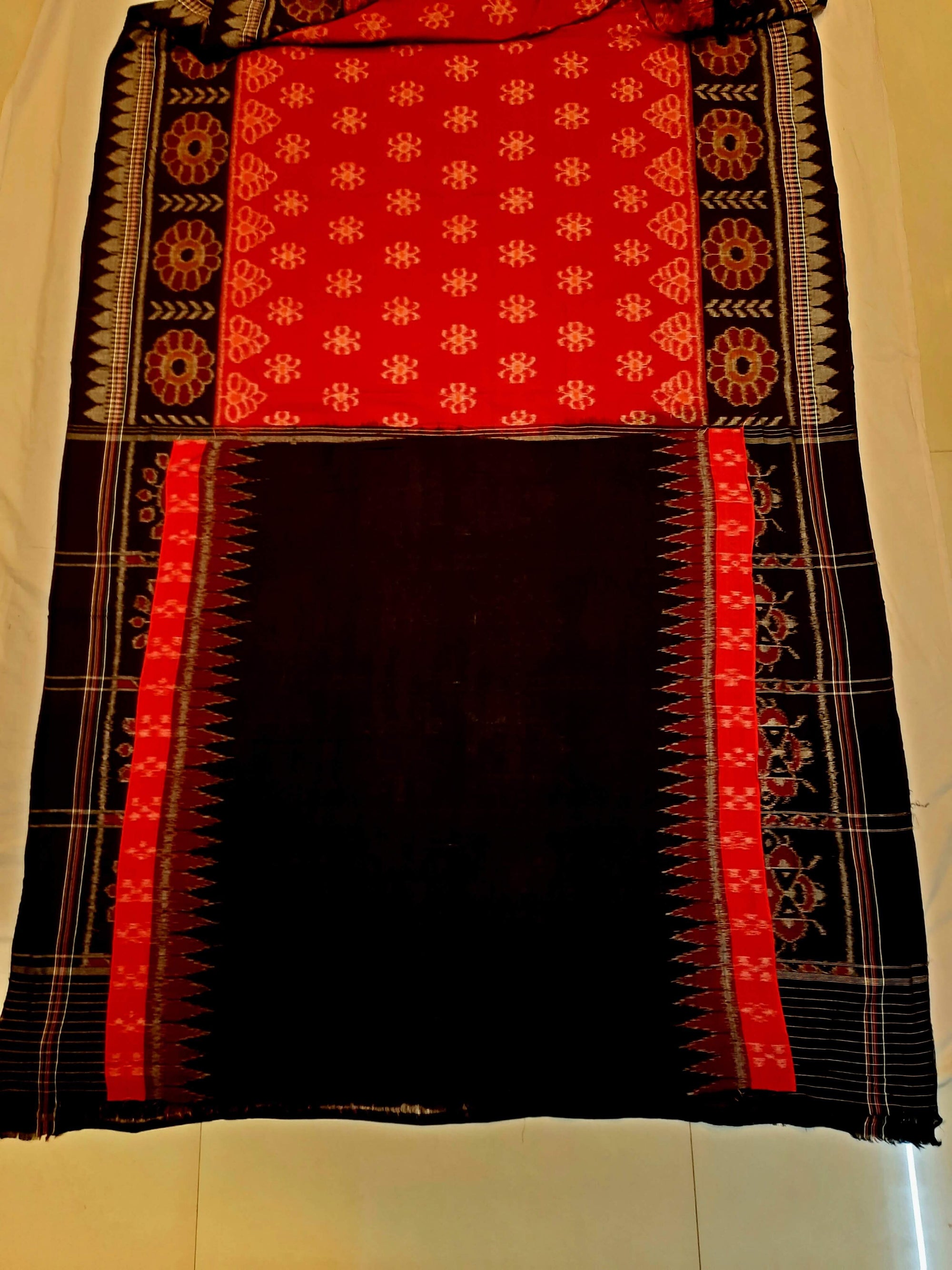 Red Odisha Ikat saree with cotton ikat blouse piece