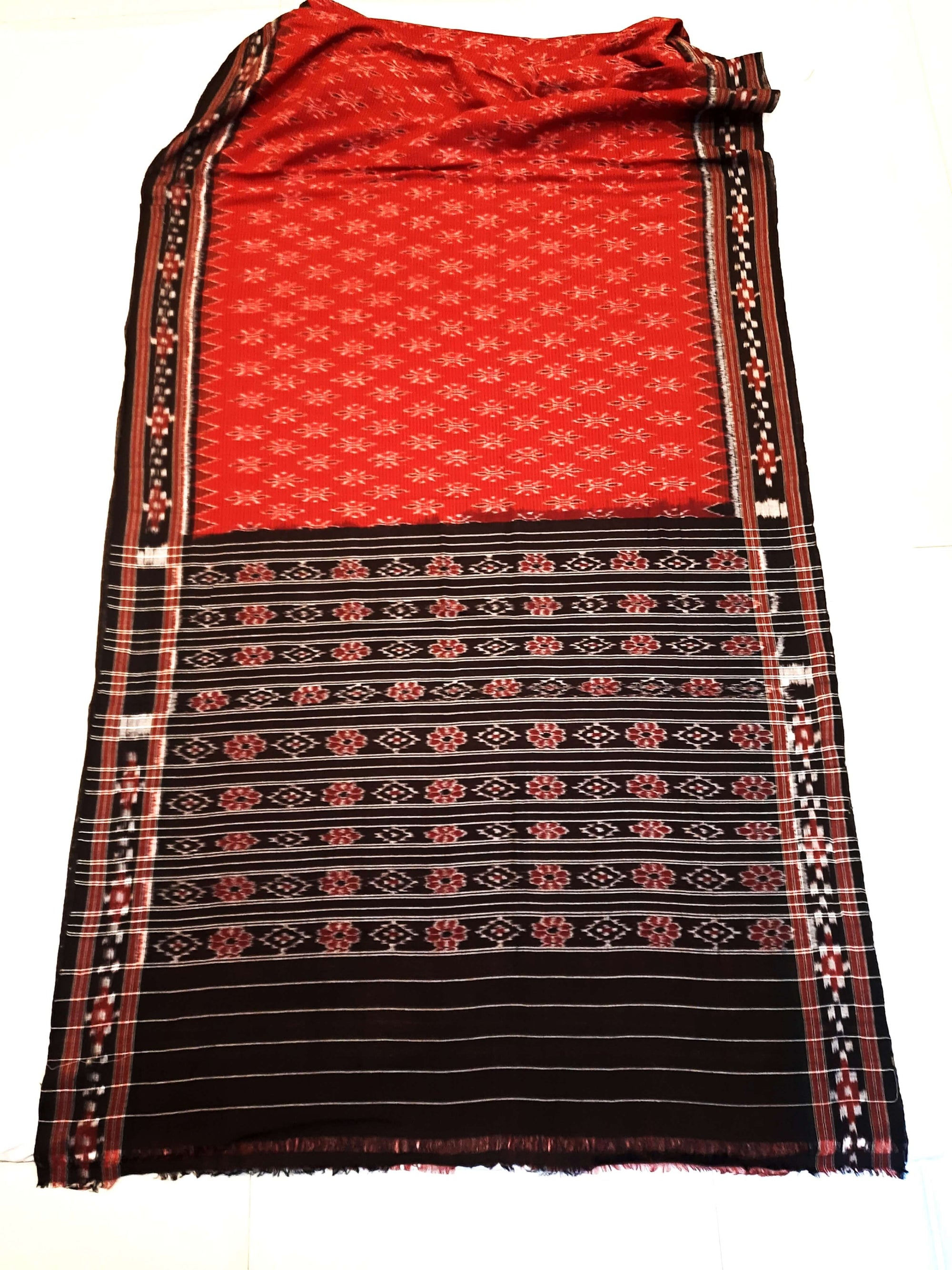 Red with Black Cotton Odisha Ikat saree with cotton ikat blouse piece