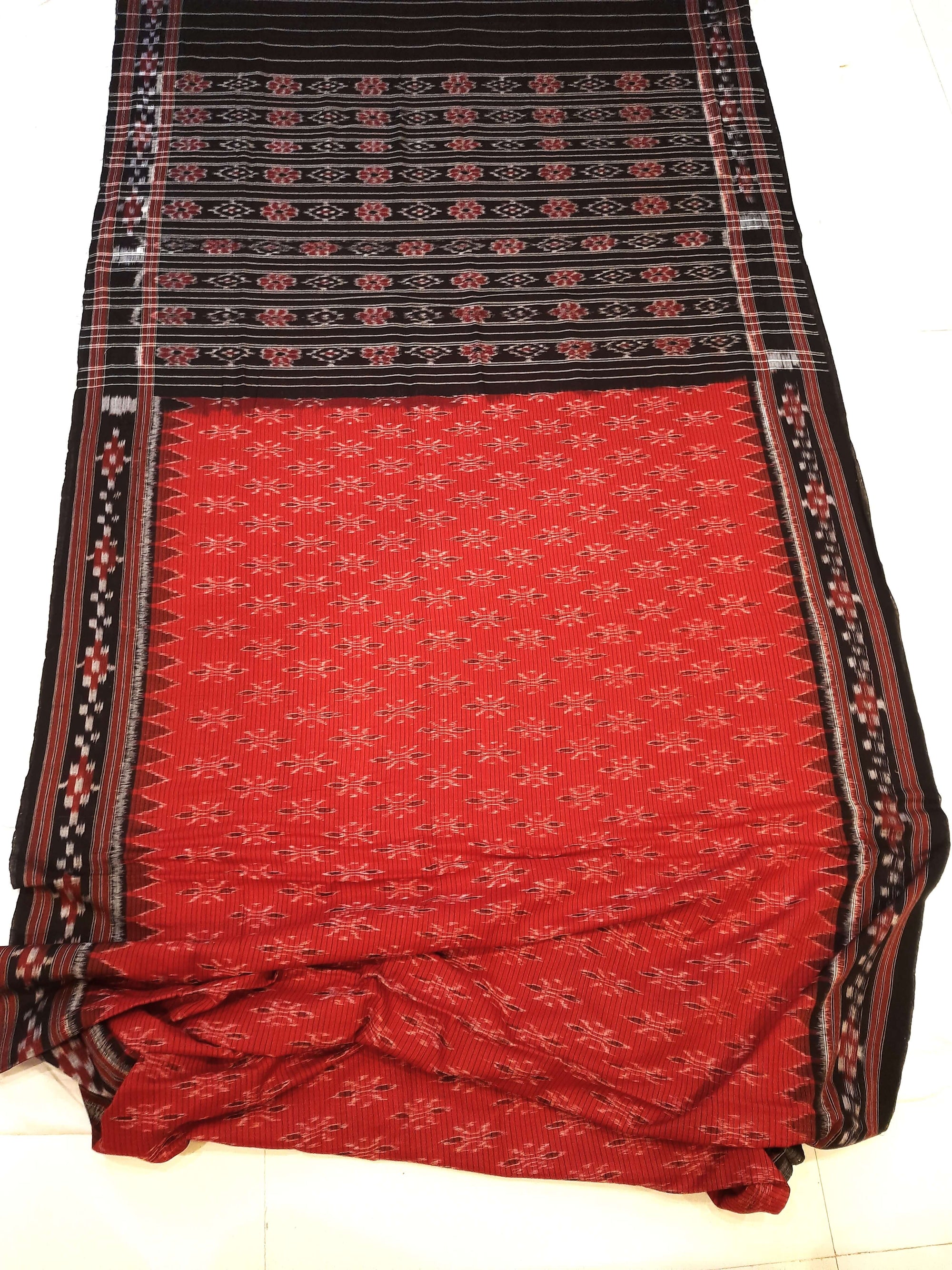 Red with Black Cotton Odisha Ikat saree with cotton ikat blouse piece