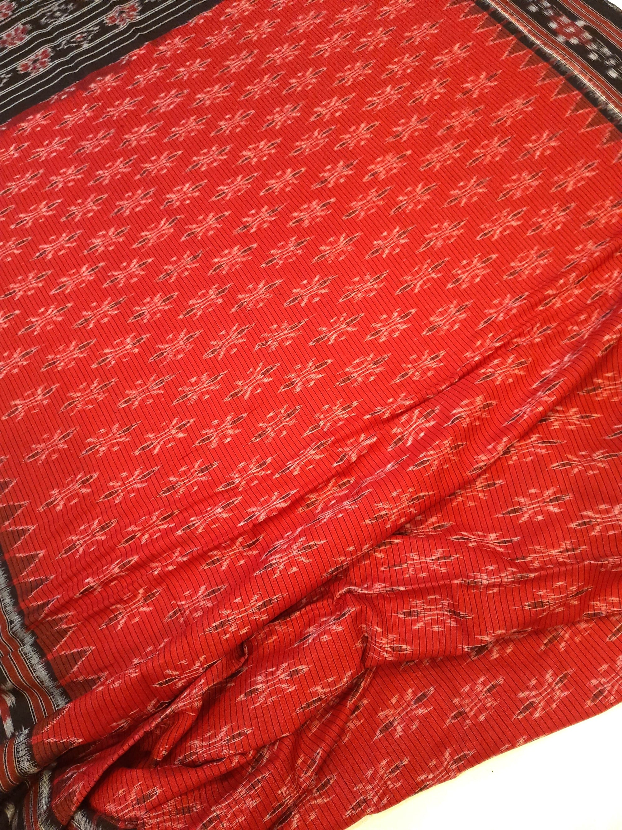 Red with Black Cotton Odisha Ikat saree with cotton ikat blouse piece
