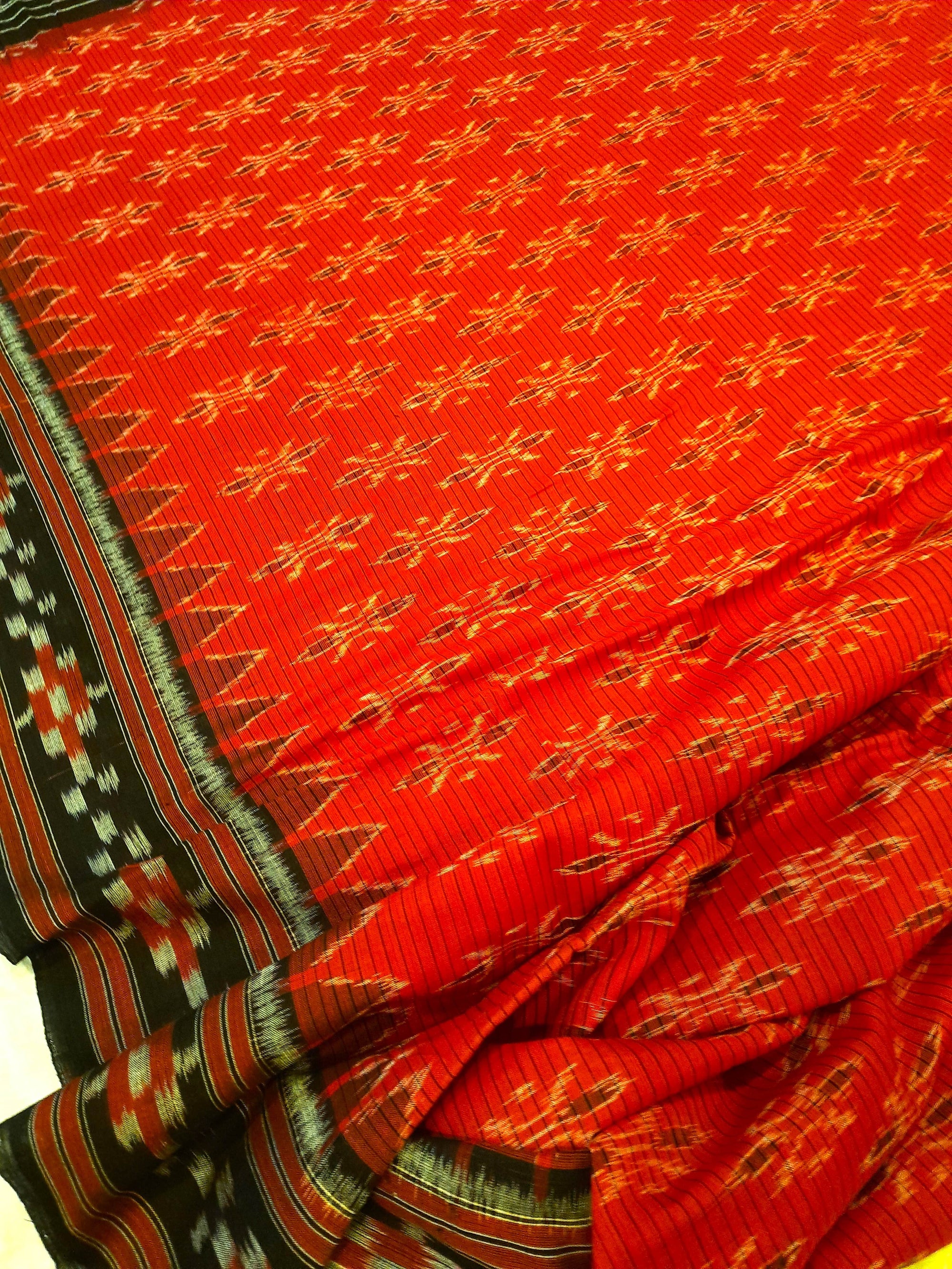 Red with Black Cotton Odisha Ikat saree with cotton ikat blouse piece