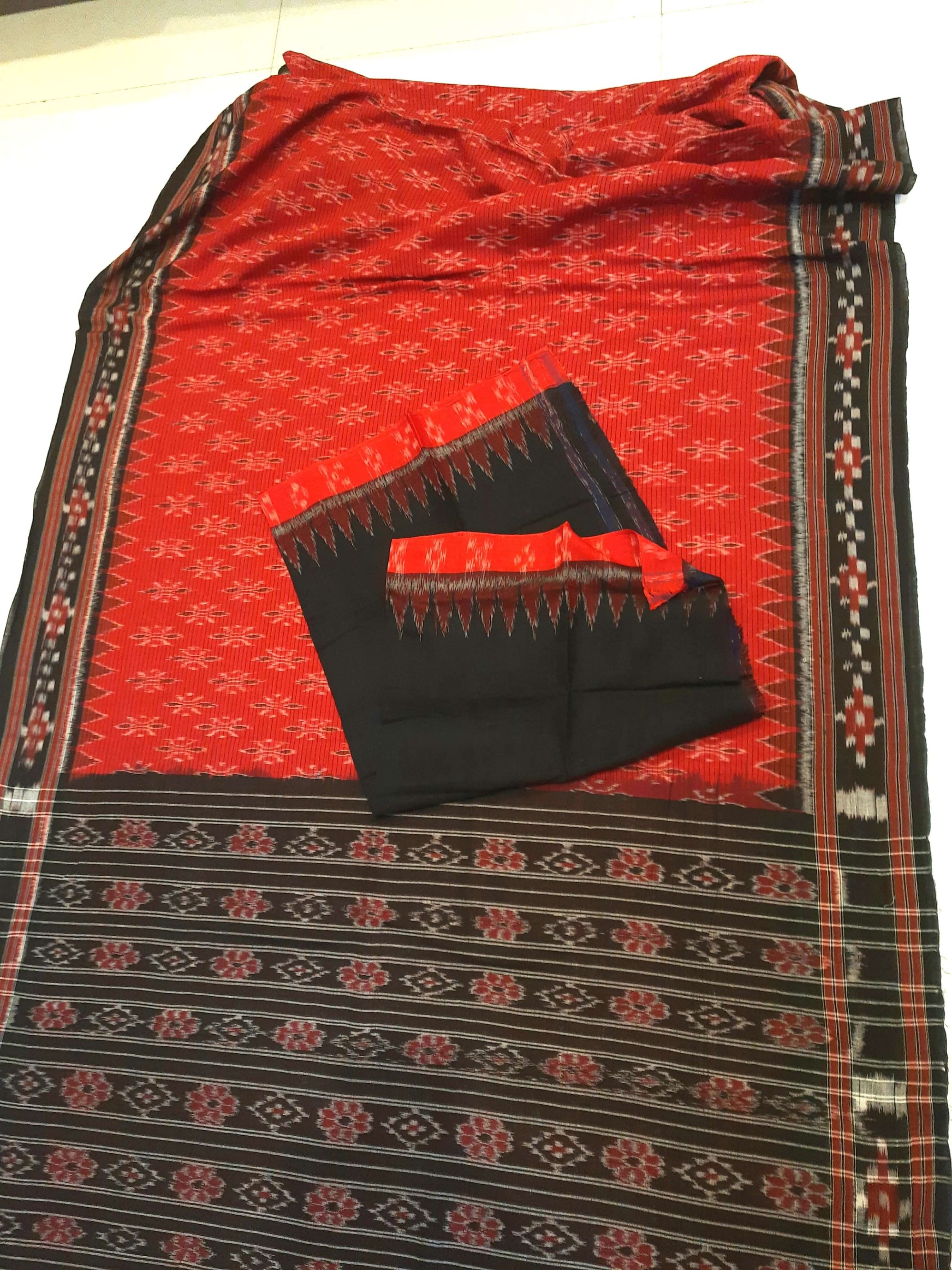 Red with Black Cotton Odisha Ikat saree with cotton ikat blouse piece