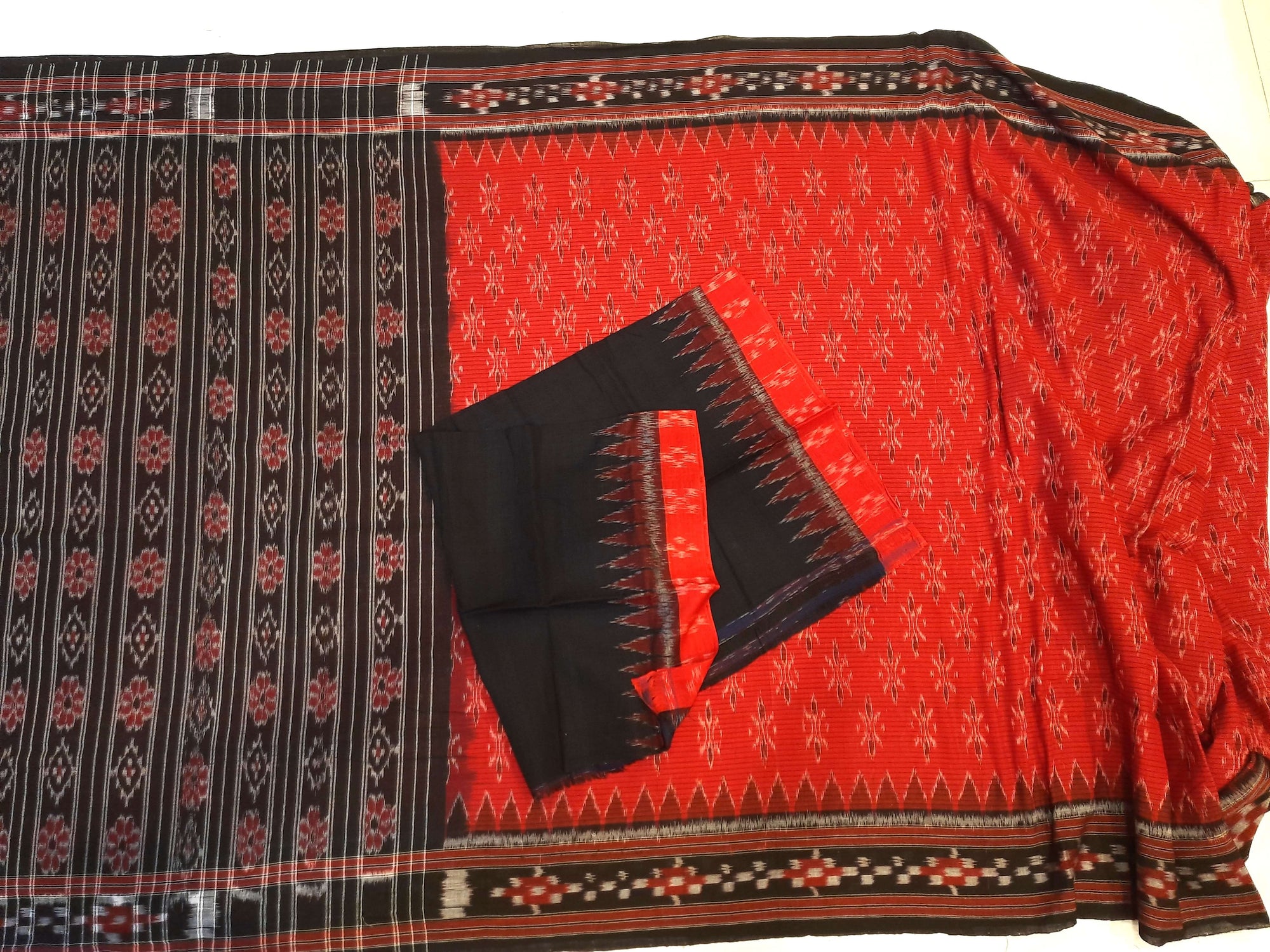 Red with Black Cotton Odisha Ikat saree with cotton ikat blouse piece