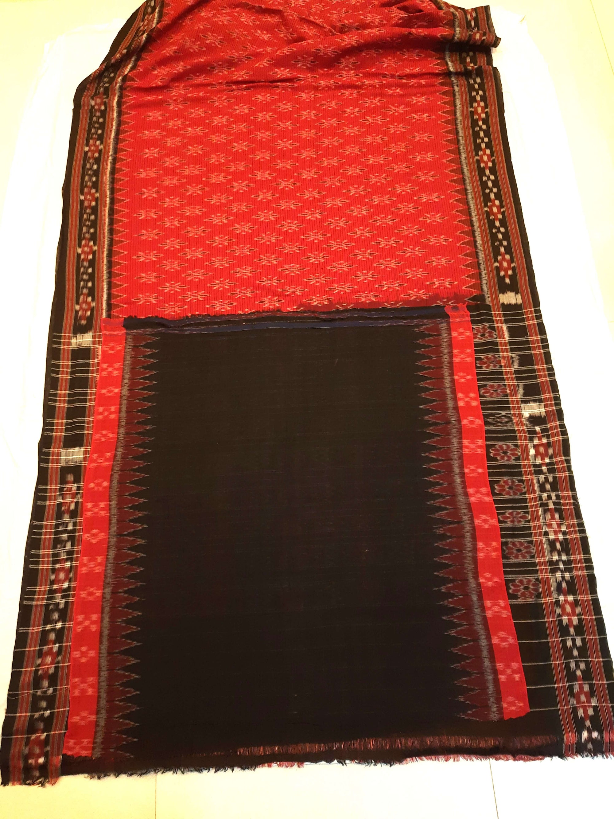 Red with Black Cotton Odisha Ikat saree with cotton ikat blouse piece