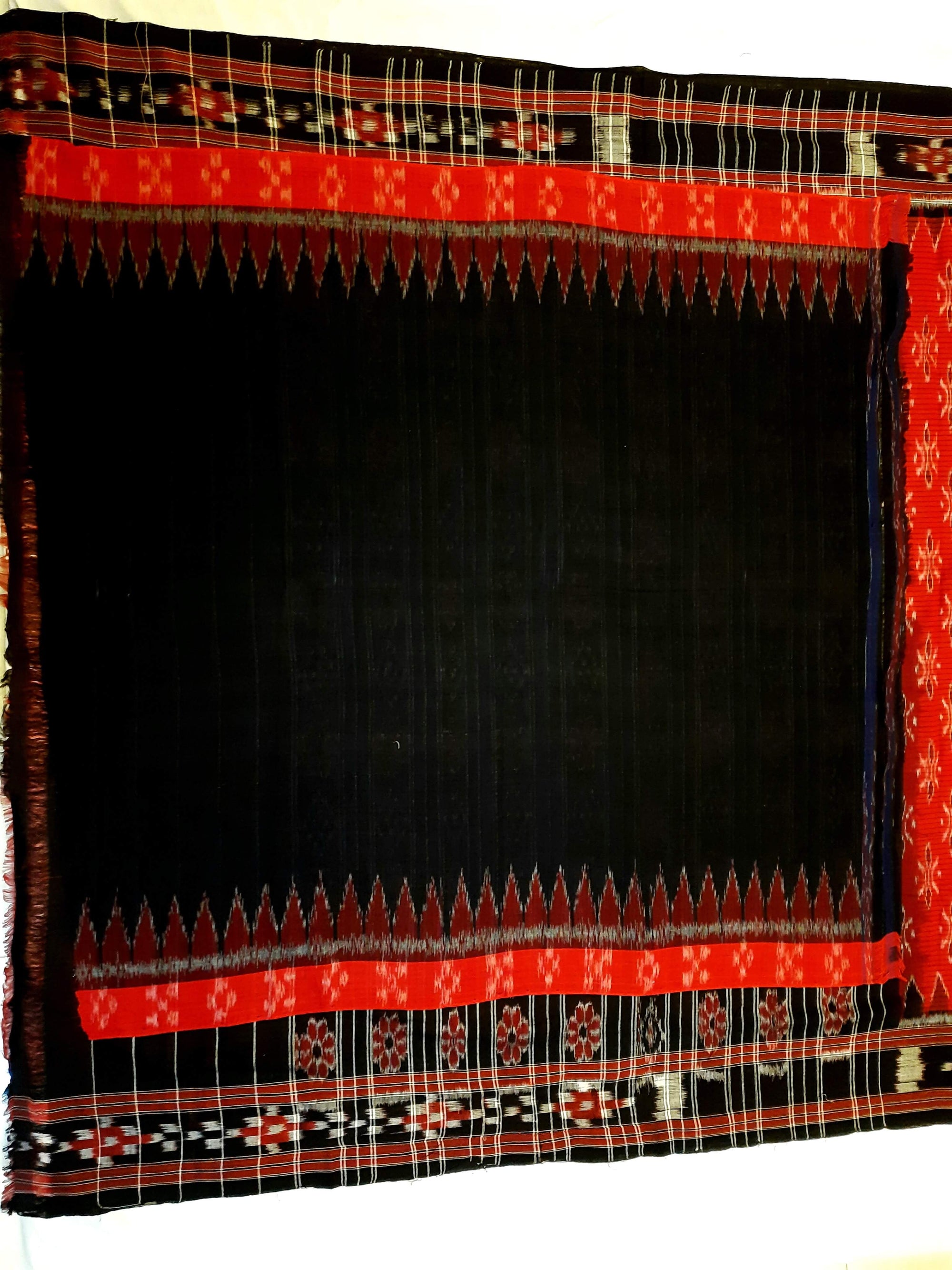 Red with Black Cotton Odisha Ikat saree with cotton ikat blouse piece