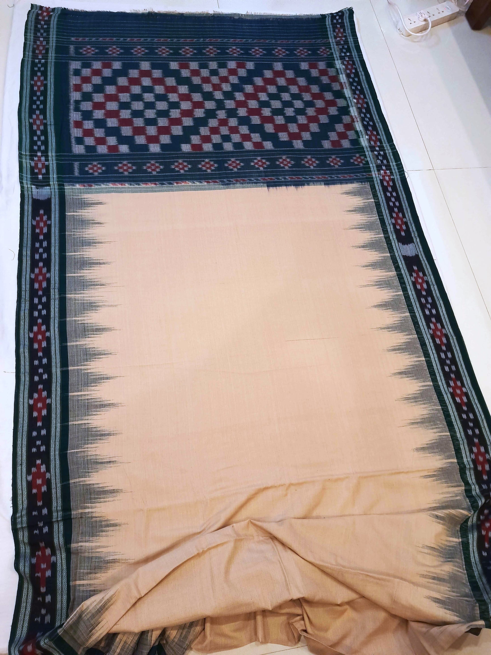 Beige with Green Cotton Odisha Ikat saree with cotton ikat blouse piece