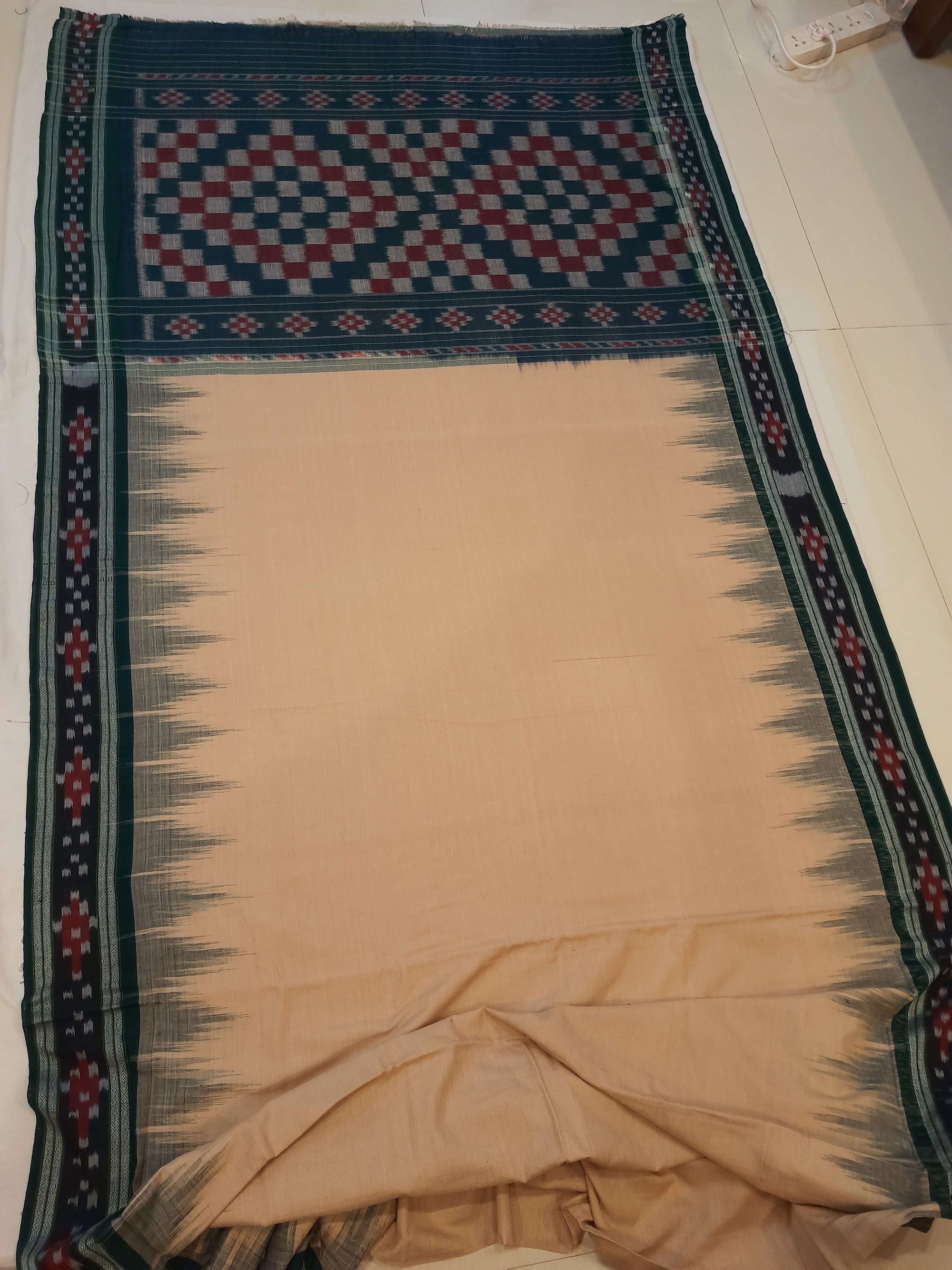 Beige with Green Cotton Odisha Ikat saree with cotton ikat blouse piece