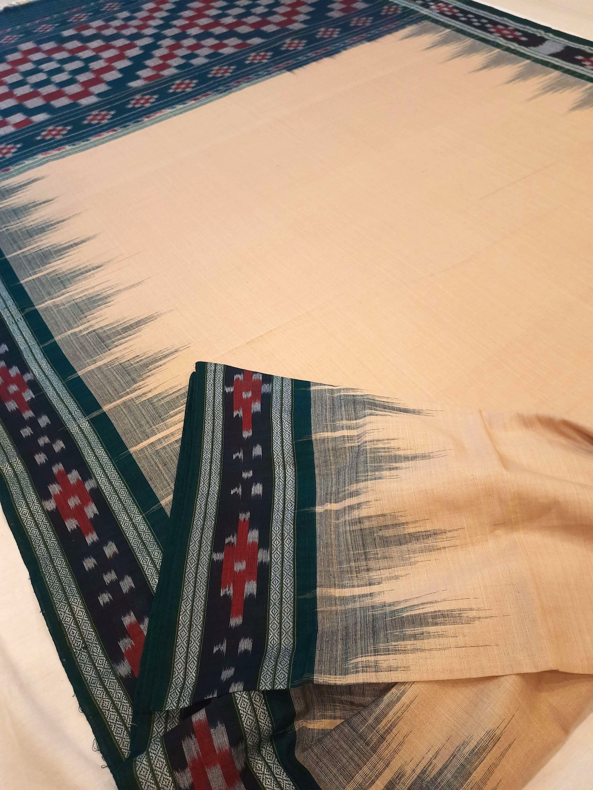 Beige with Green Cotton Odisha Ikat saree with cotton ikat blouse piece
