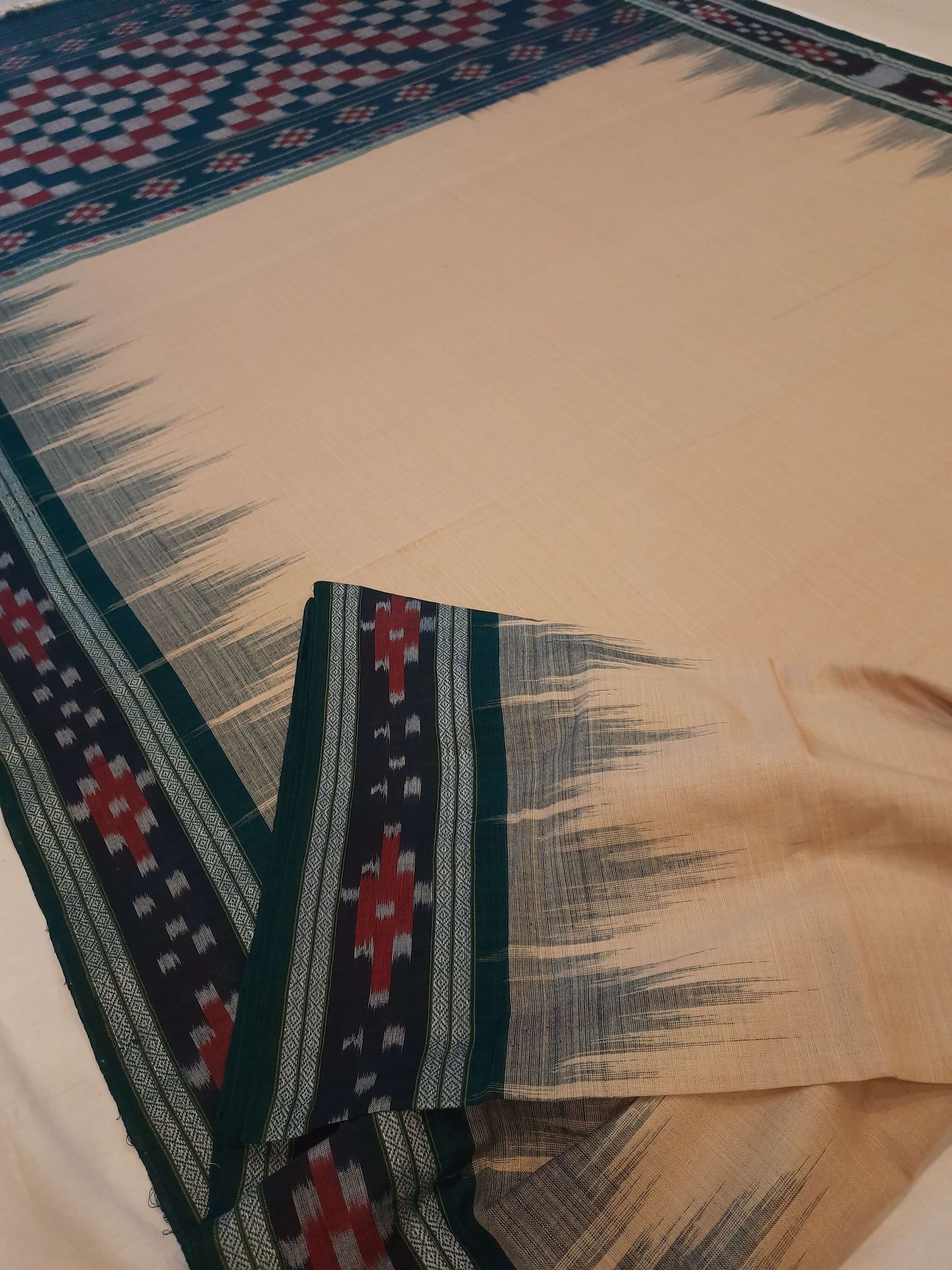 Beige with Green Cotton Odisha Ikat saree with cotton ikat blouse piece