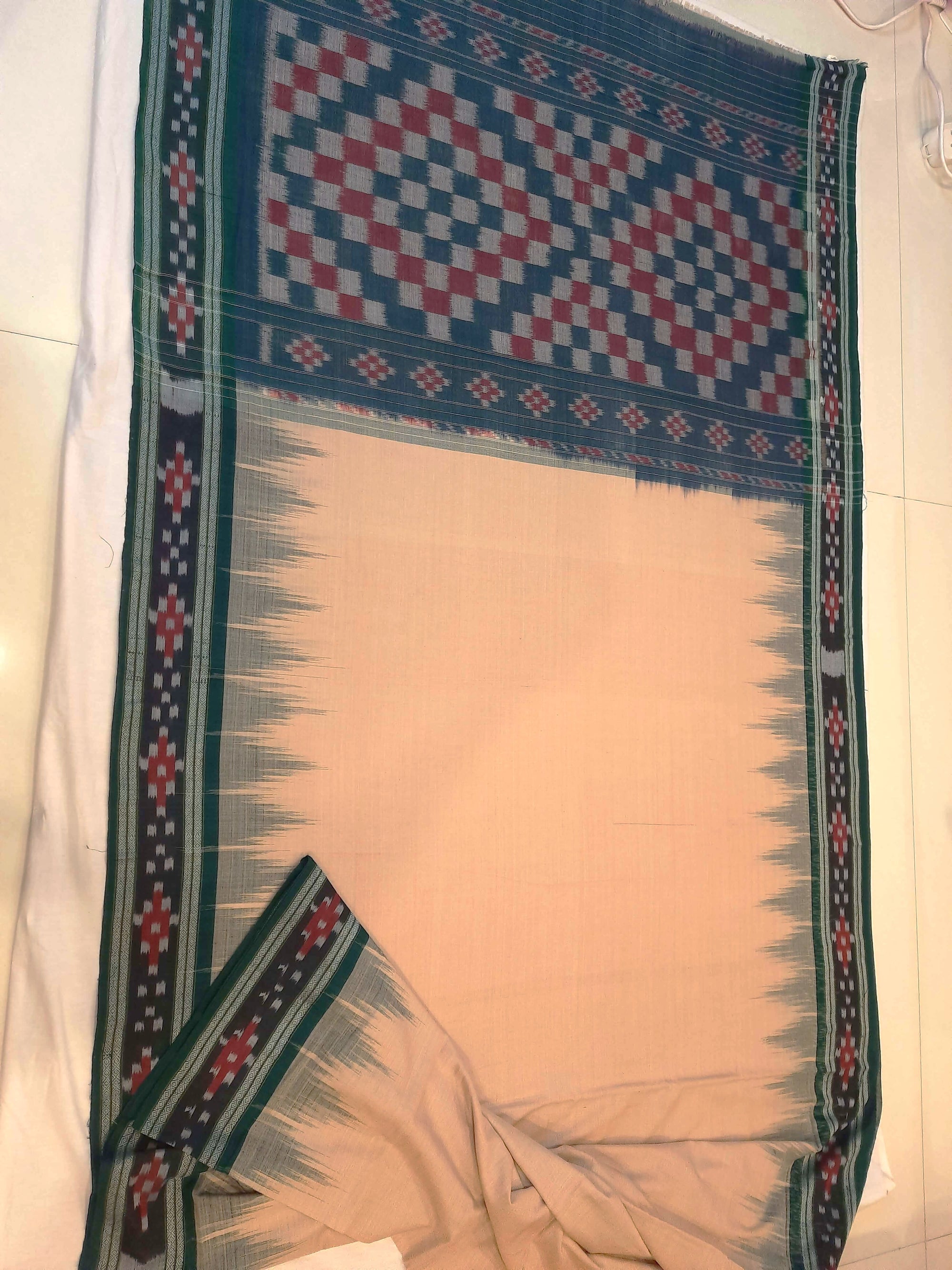 Beige with Green Cotton Odisha Ikat saree with cotton ikat blouse piece