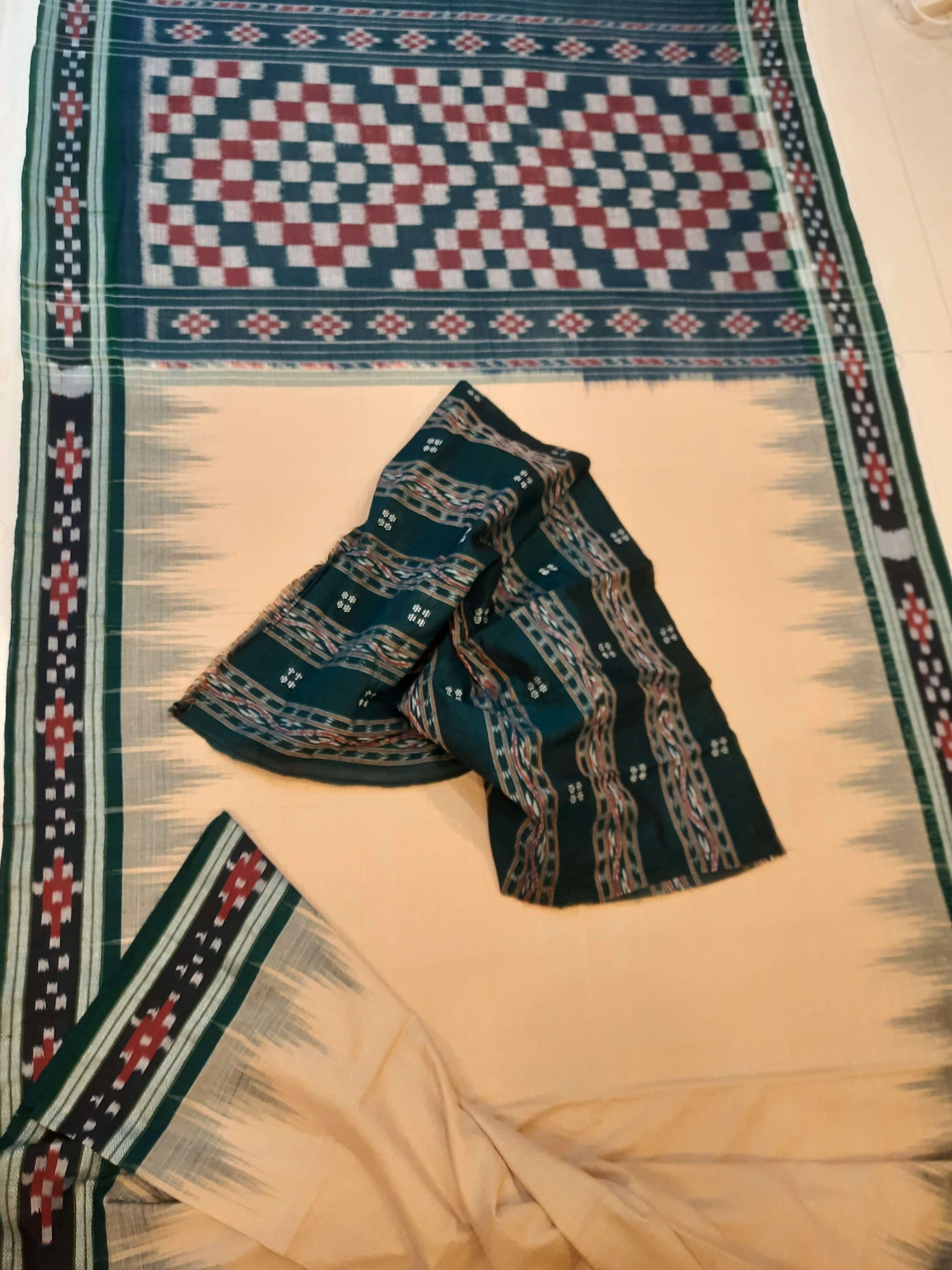 Beige with Green Cotton Odisha Ikat saree with cotton ikat blouse piece