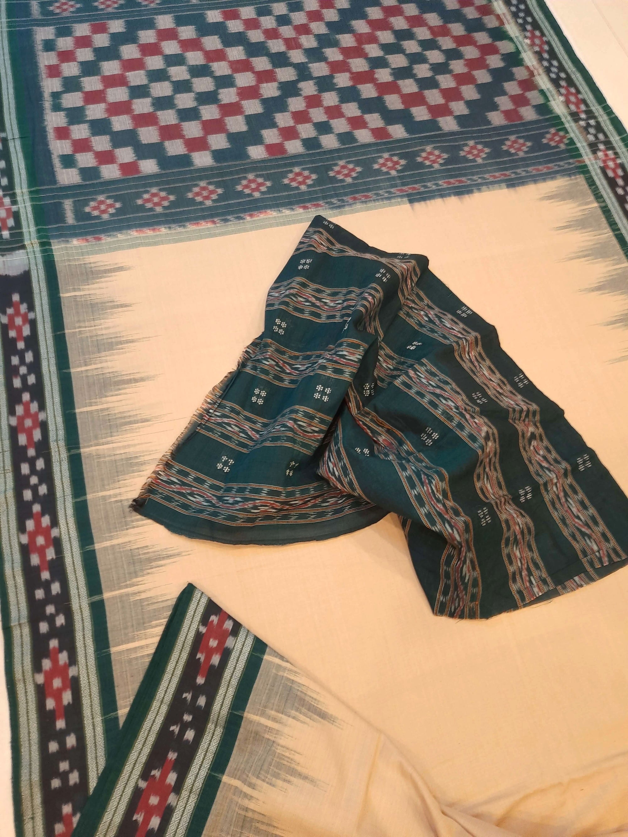 Beige with Green Cotton Odisha Ikat saree with cotton ikat blouse piece