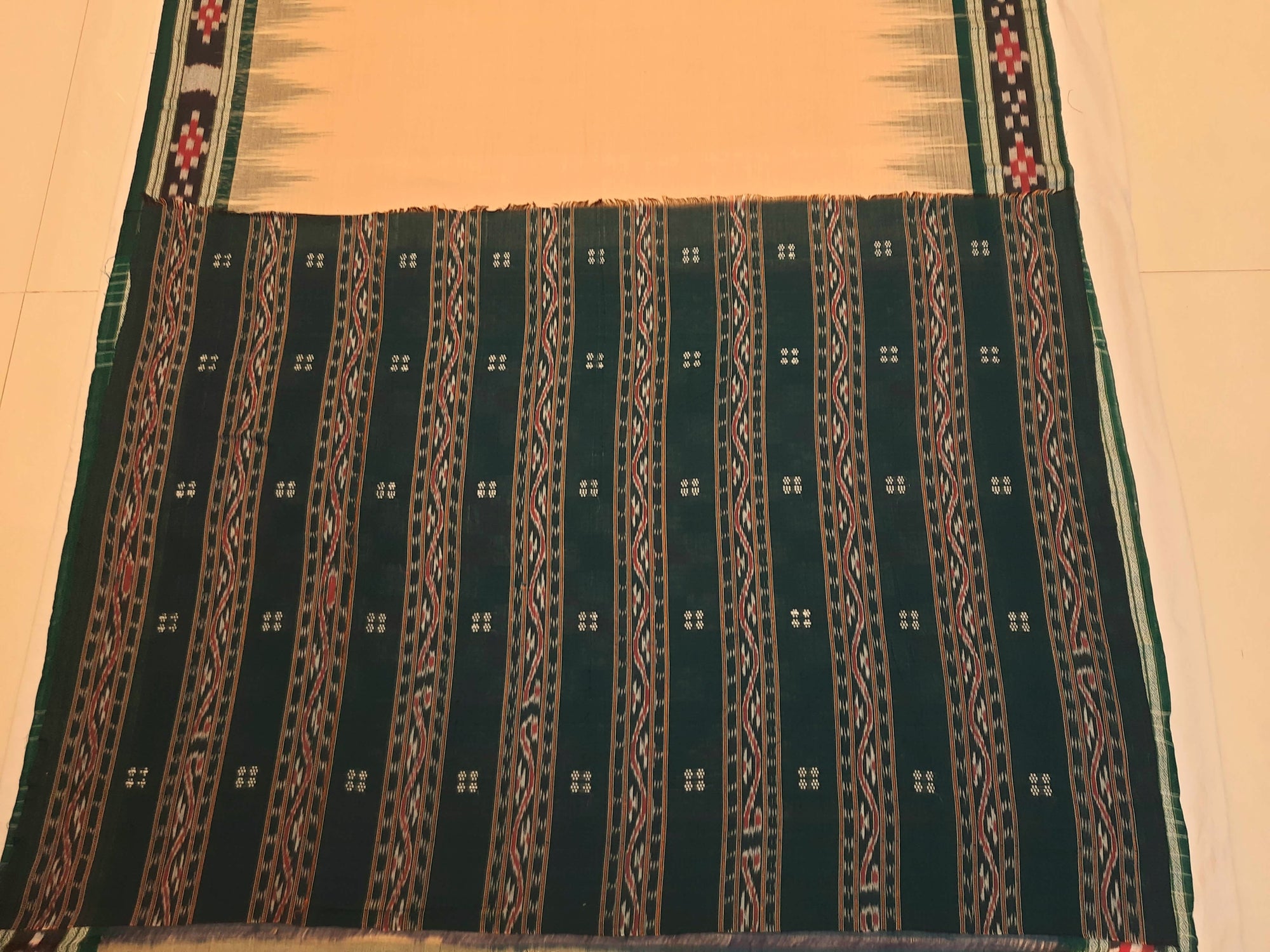 Beige with Green Cotton Odisha Ikat saree with cotton ikat blouse piece