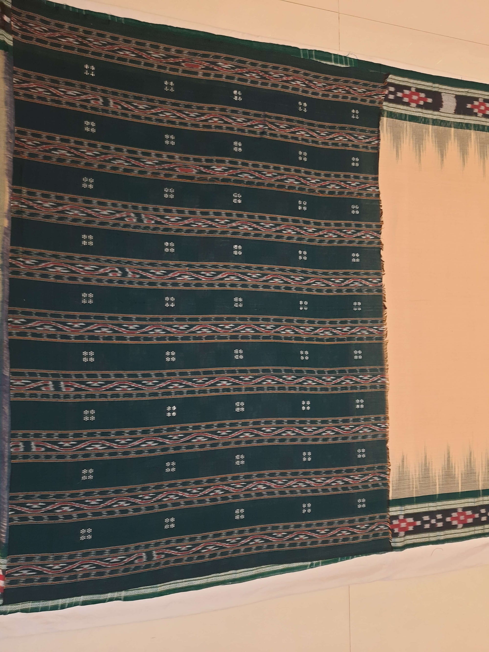Beige with Green Cotton Odisha Ikat saree with cotton ikat blouse piece