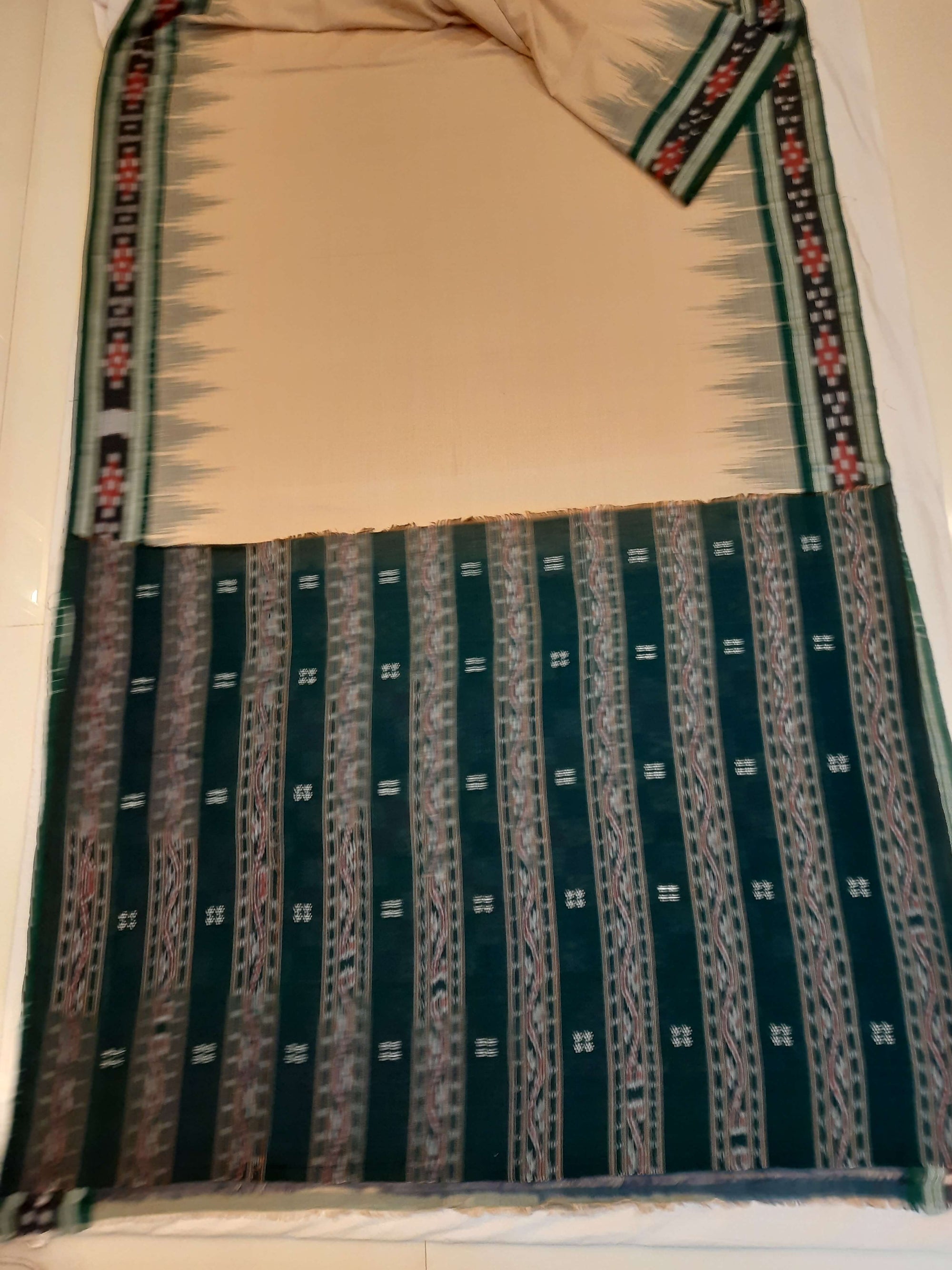 Beige with Green Cotton Odisha Ikat saree with cotton ikat blouse piece