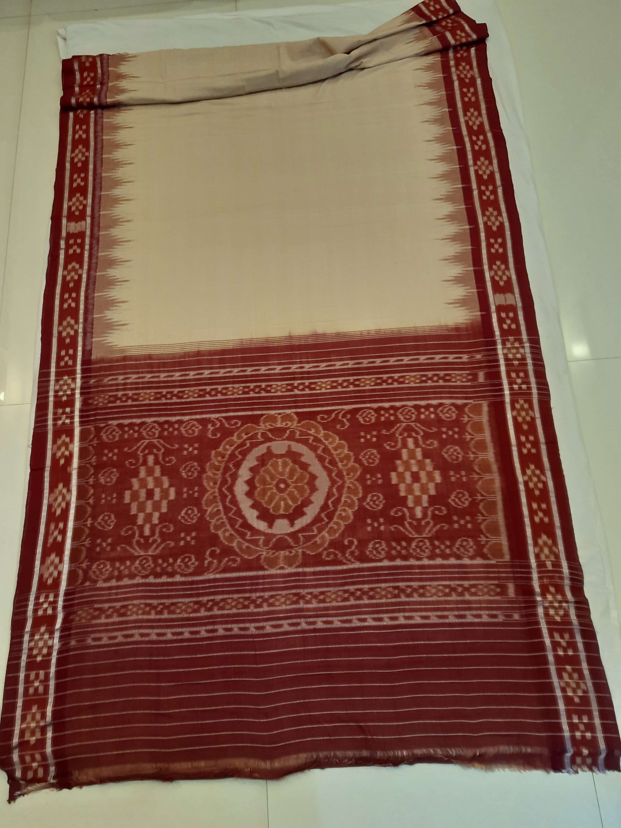 Beige with Maroon Odisha Ikat saree with cotton ikat blouse piece