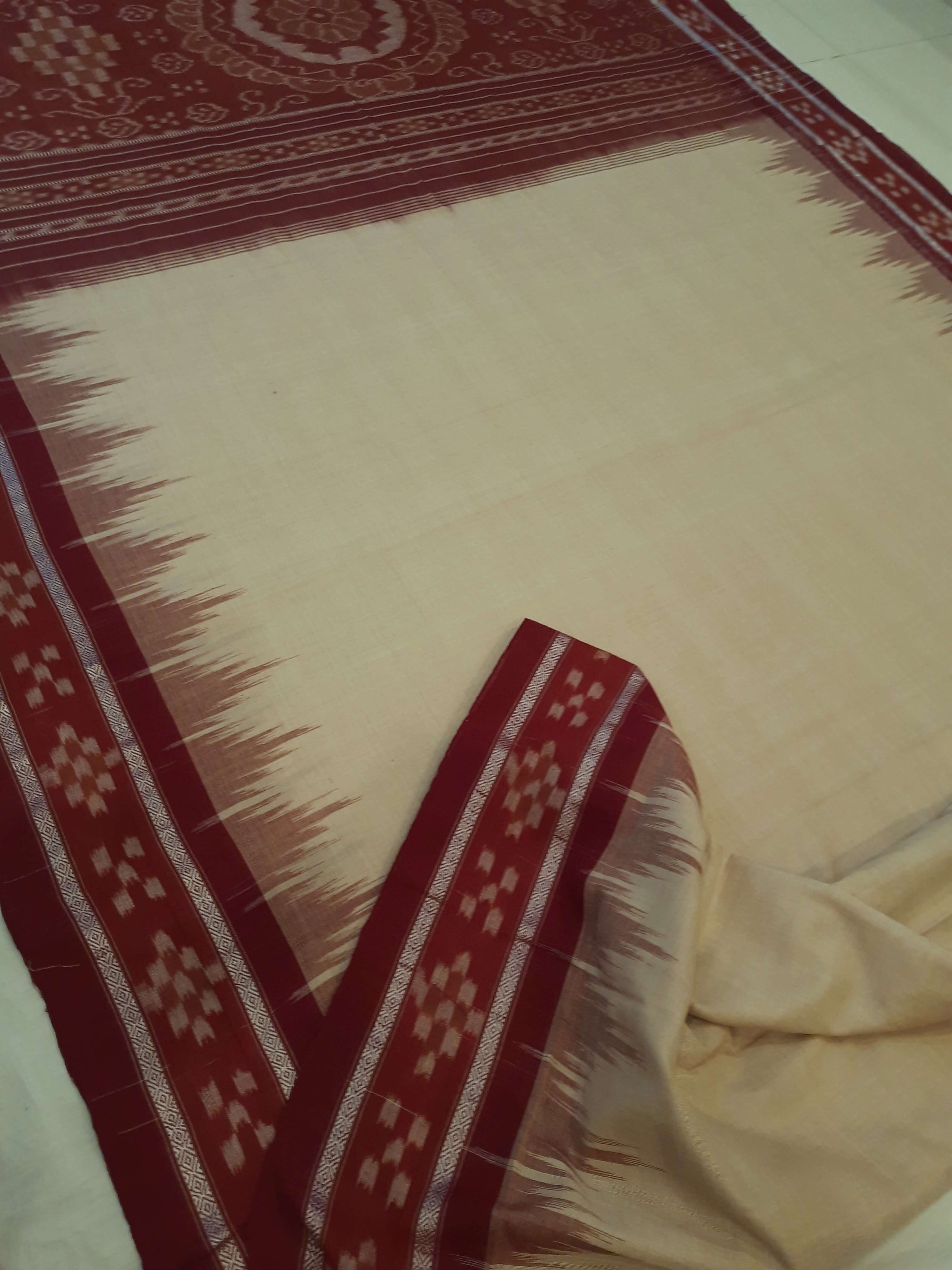 Beige with Maroon Odisha Ikat saree with cotton ikat blouse piece