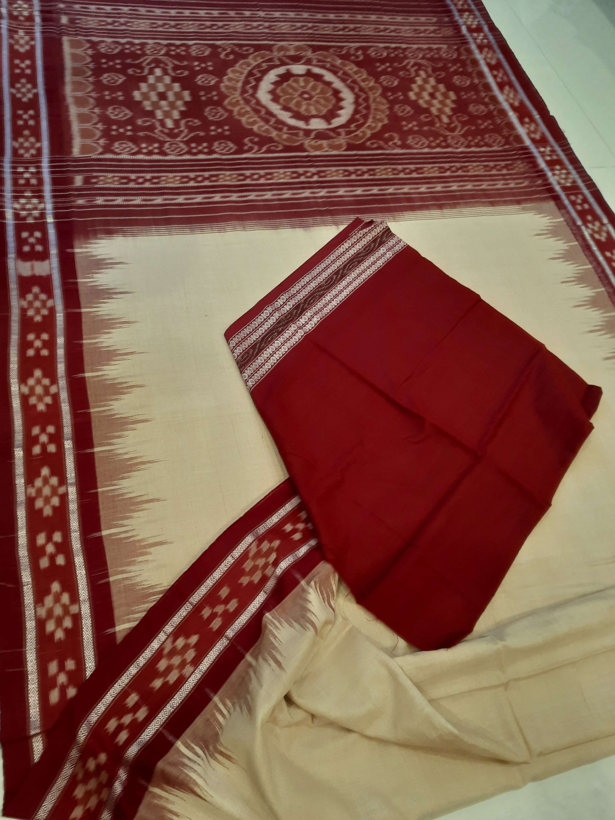 Beige with Maroon Odisha Ikat saree with cotton ikat blouse piece