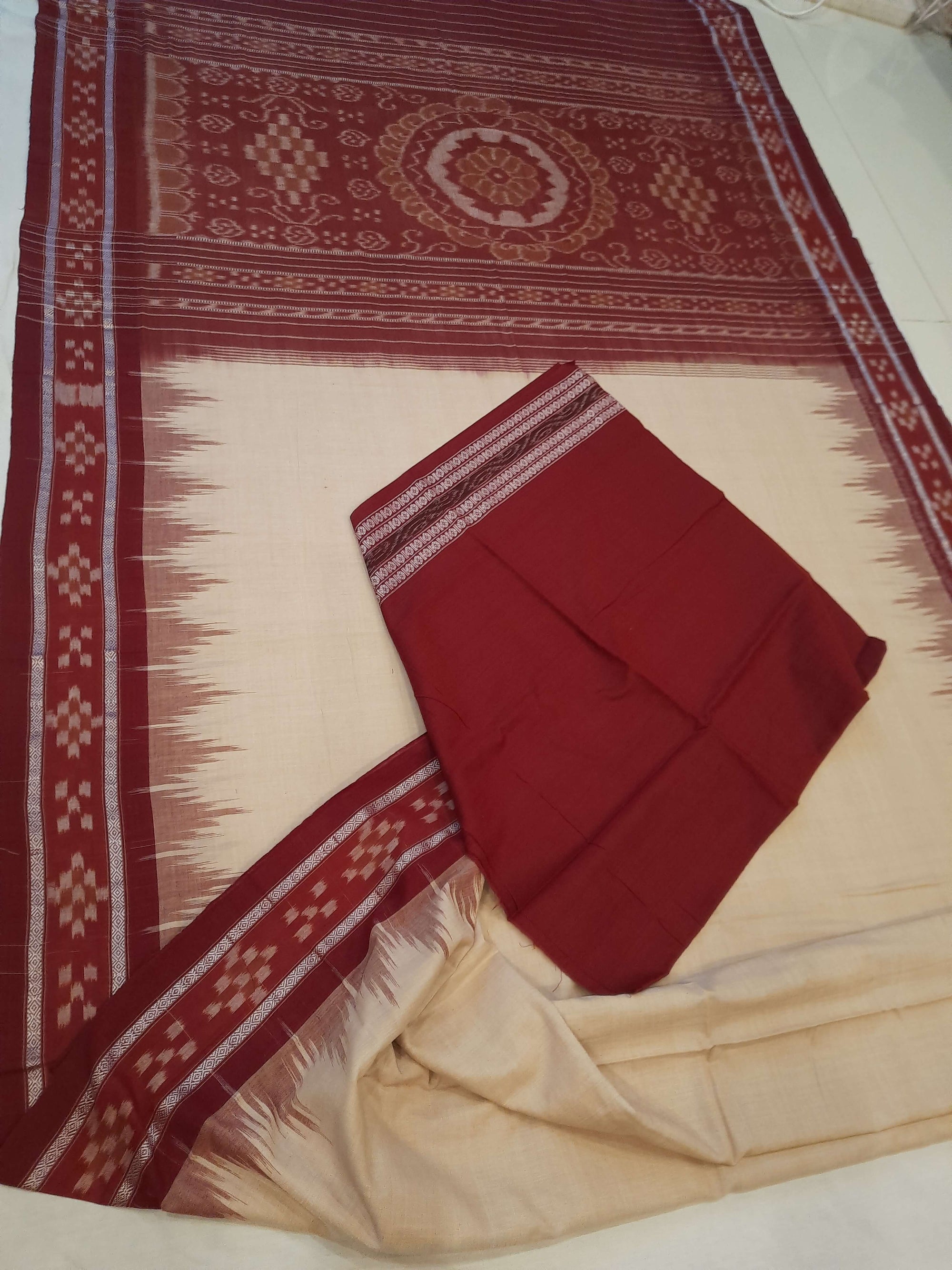 Beige with Maroon Odisha Ikat saree with cotton ikat blouse piece