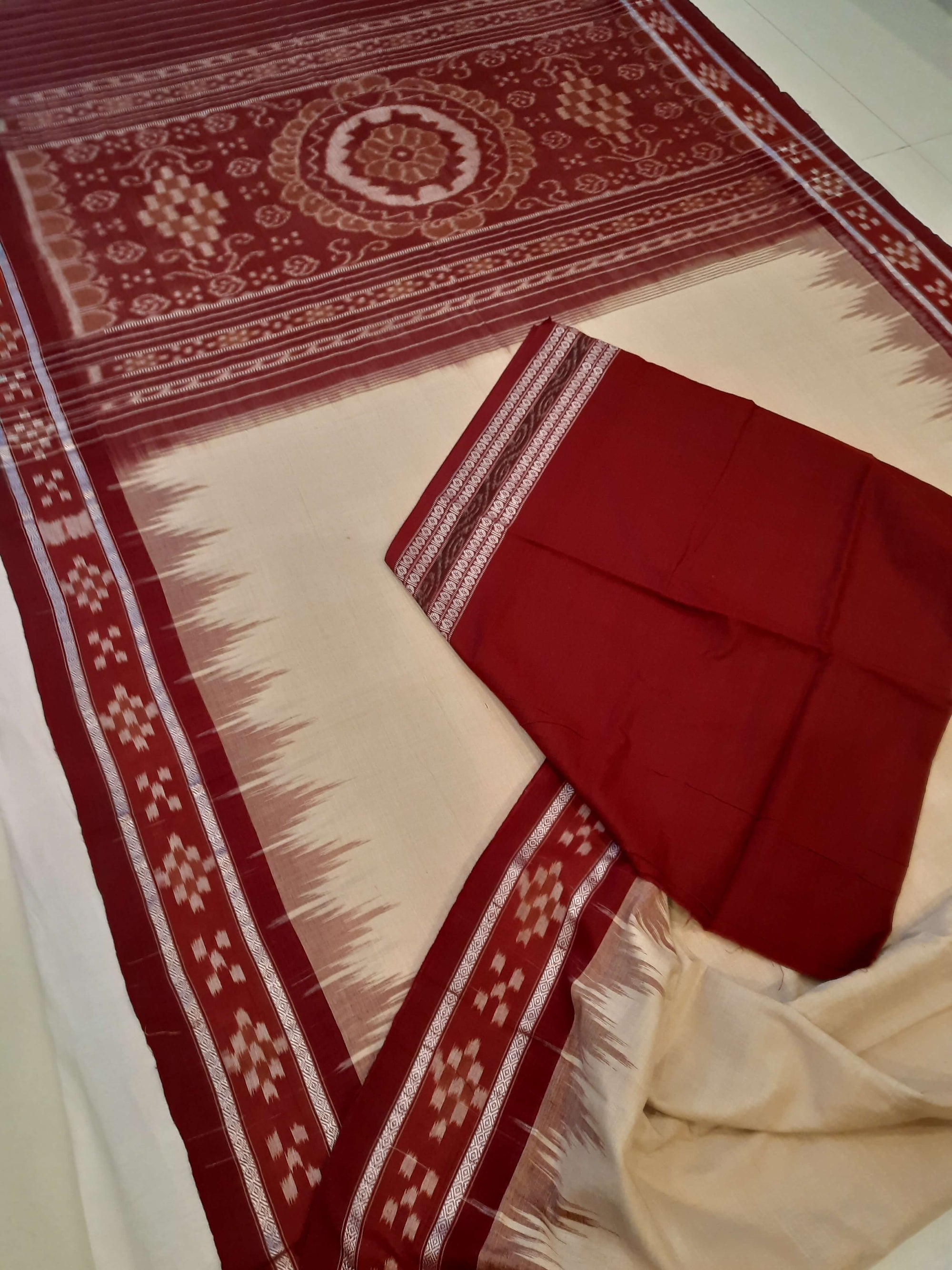 Beige with Maroon Odisha Ikat saree with cotton ikat blouse piece