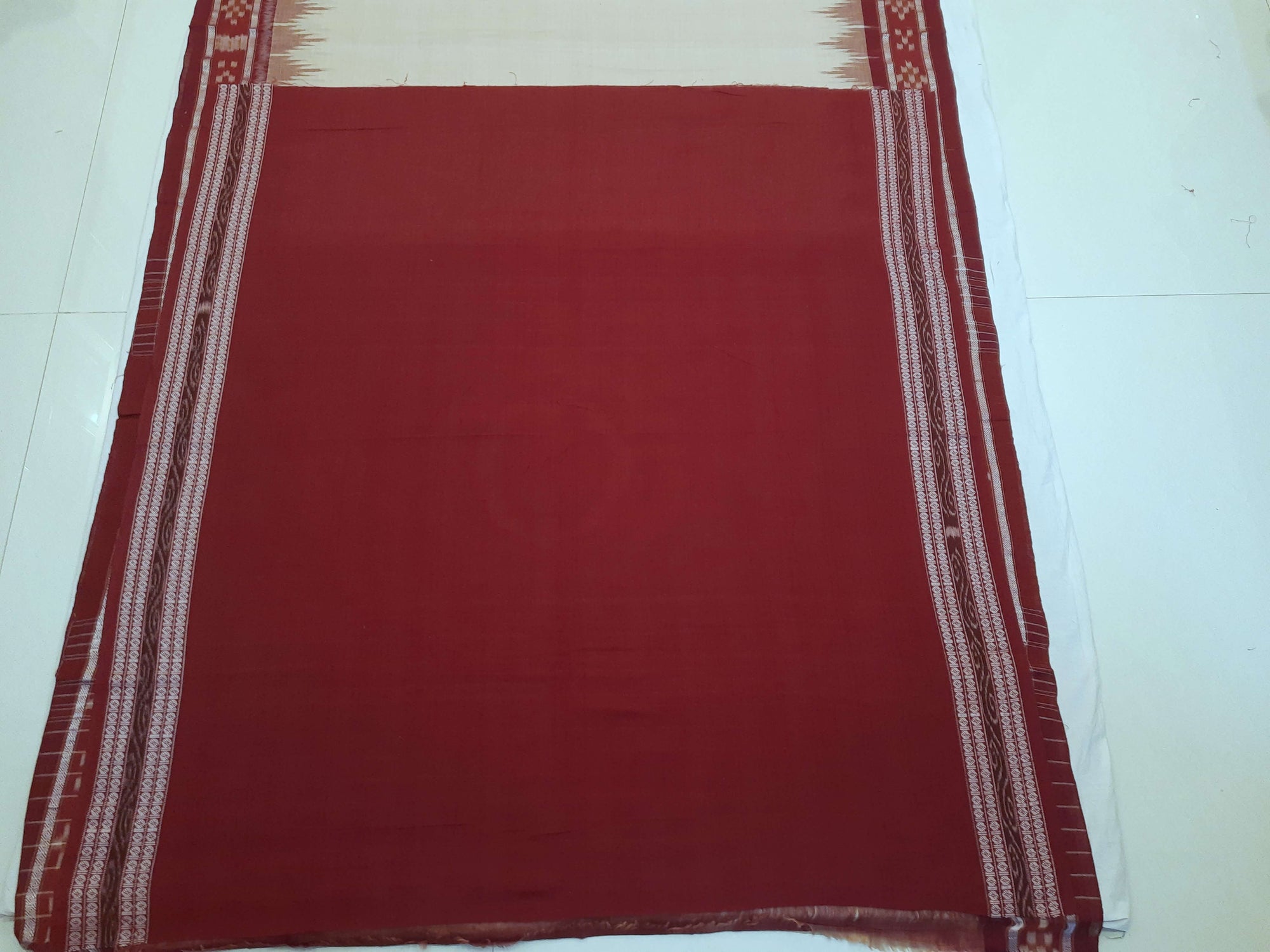 Beige with Maroon Odisha Ikat saree with cotton ikat blouse piece