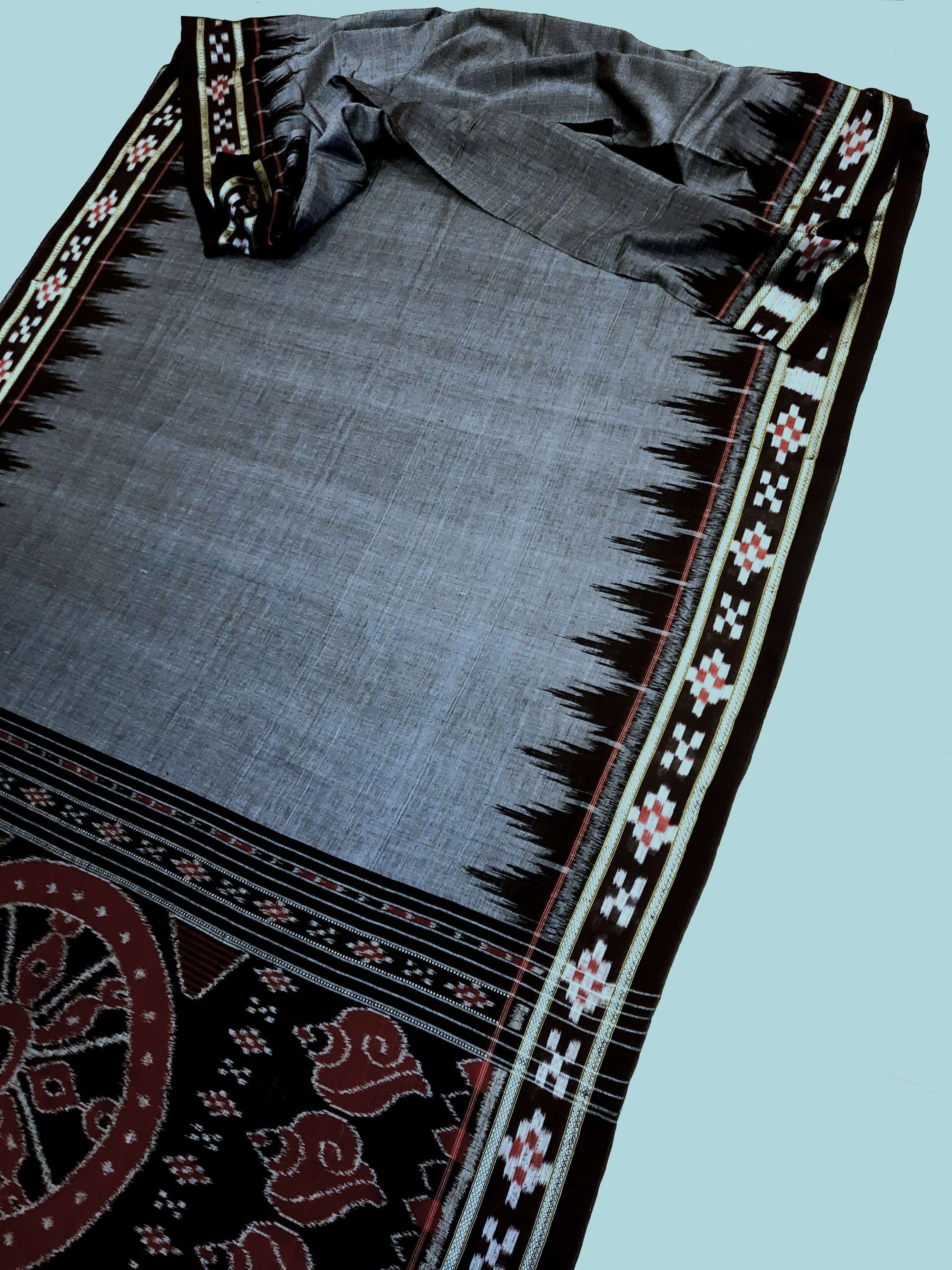 Grey Cotton Odisha Ikat saree with cotton ikat blouse piece
