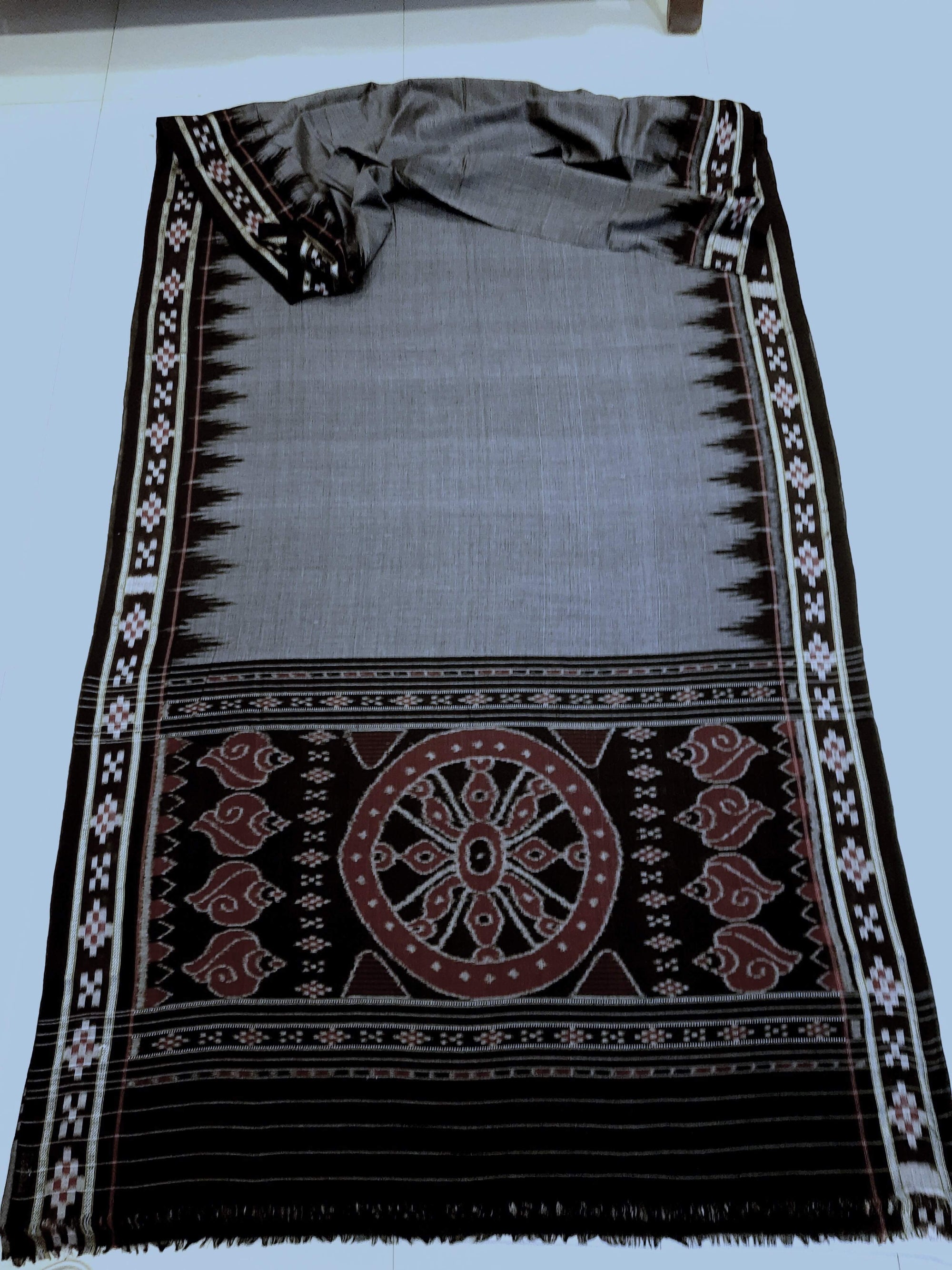 Grey Cotton Odisha Ikat saree with cotton ikat blouse piece