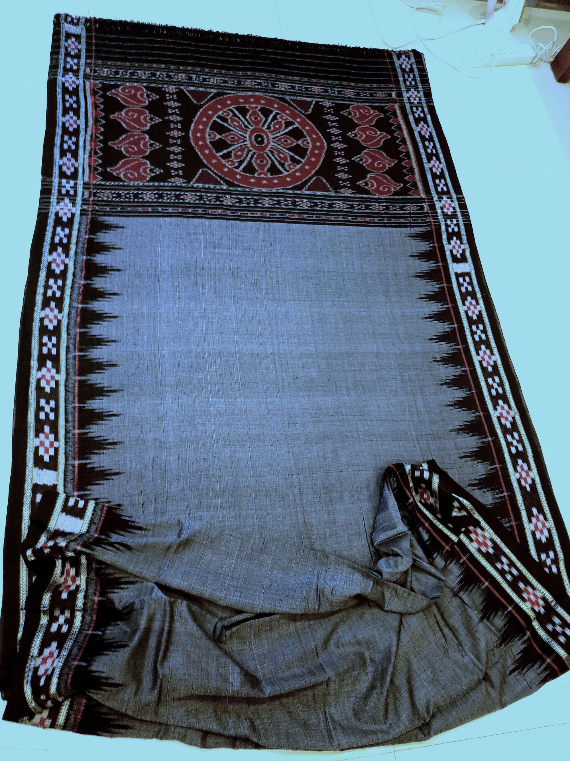 Grey Cotton Odisha Ikat saree with cotton ikat blouse piece