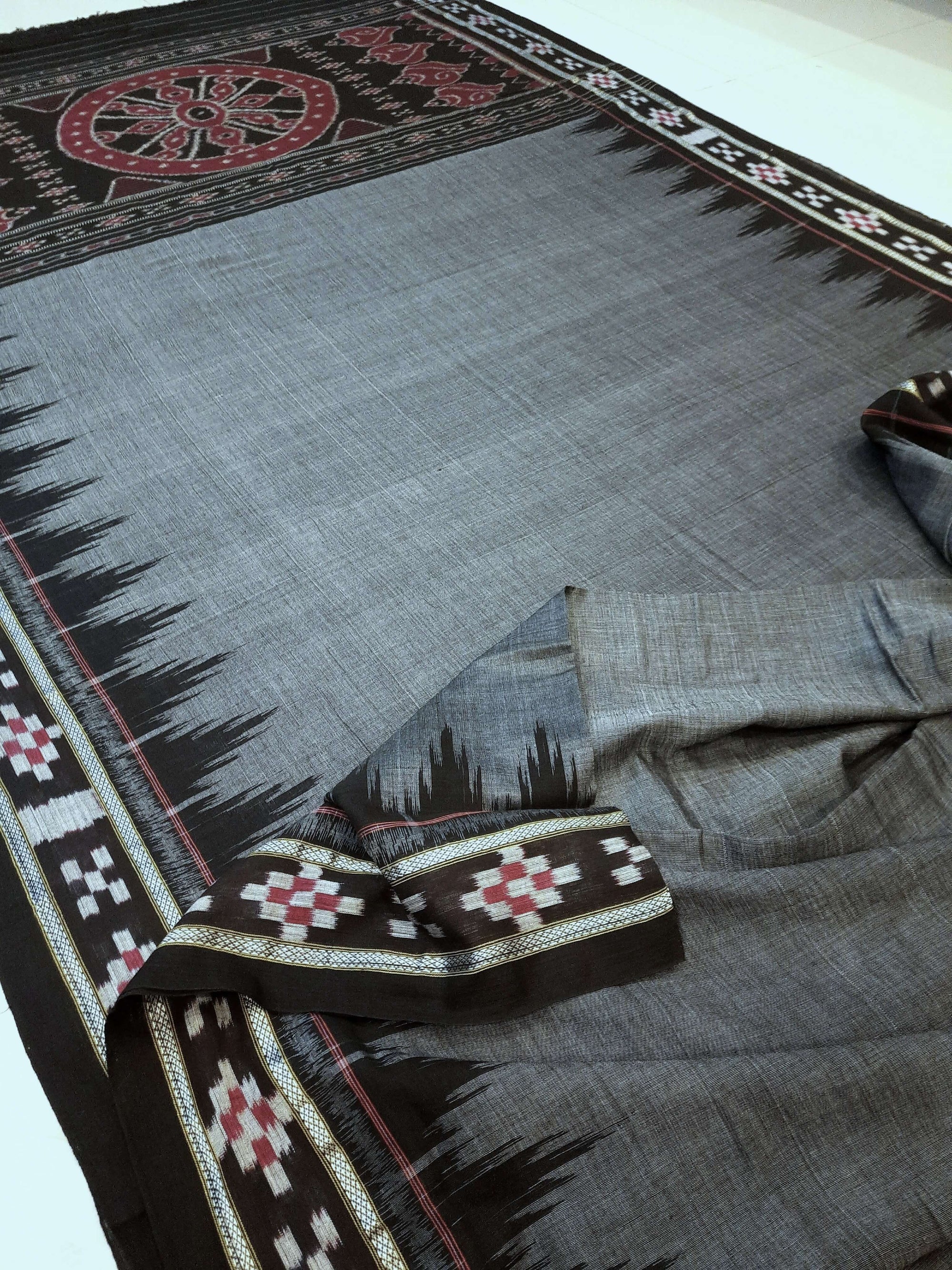Grey Cotton Odisha Ikat saree with cotton ikat blouse piece