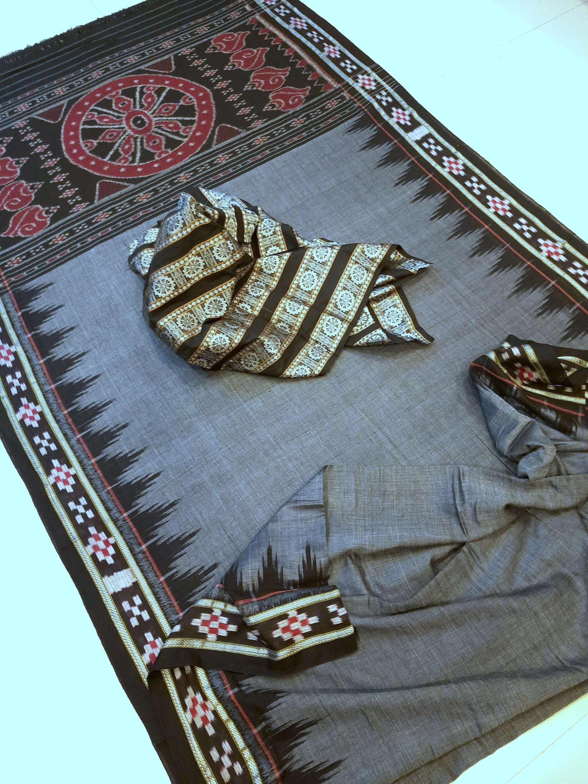 Grey Cotton Odisha Ikat saree with cotton ikat blouse piece