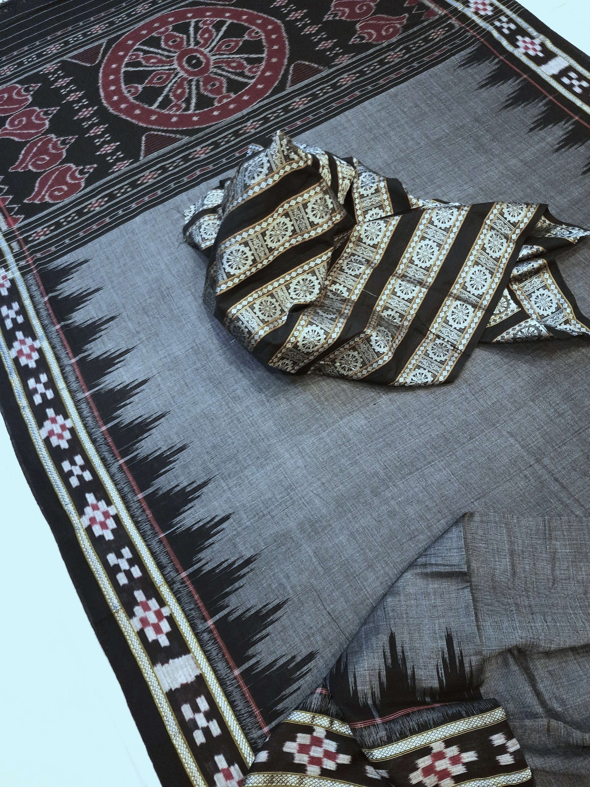 Grey Cotton Odisha Ikat saree with cotton ikat blouse piece
