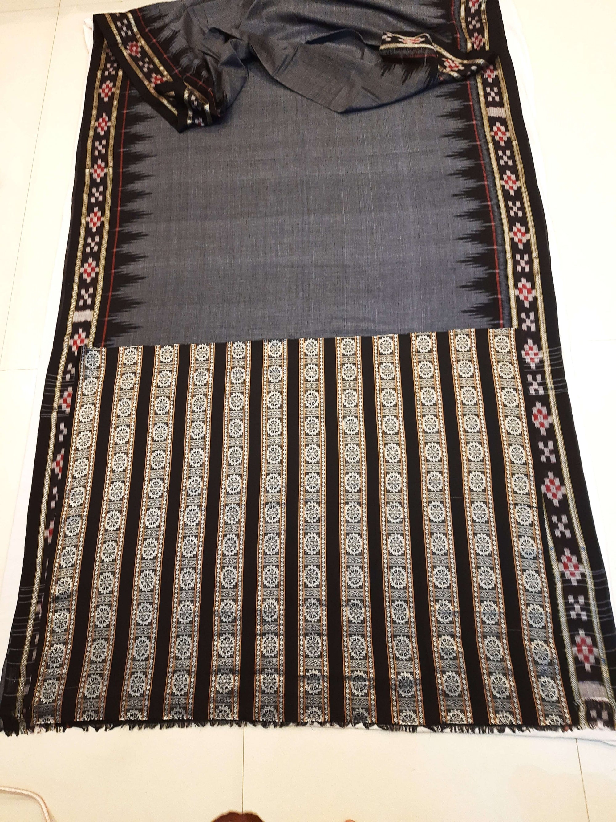 Grey Cotton Odisha Ikat saree with cotton ikat blouse piece