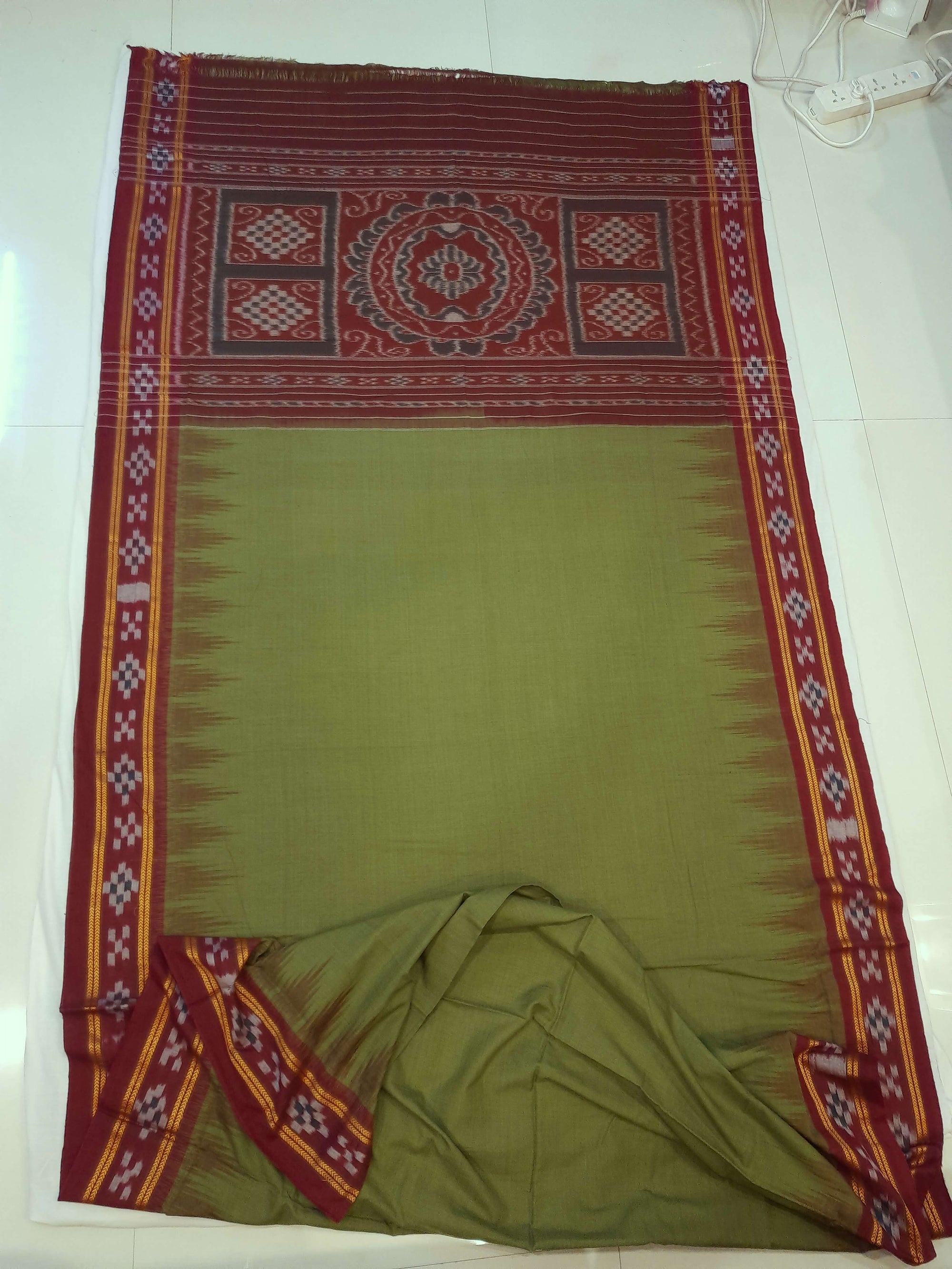 Olive Green Odisha Ikat saree with cotton ikat blouse piece