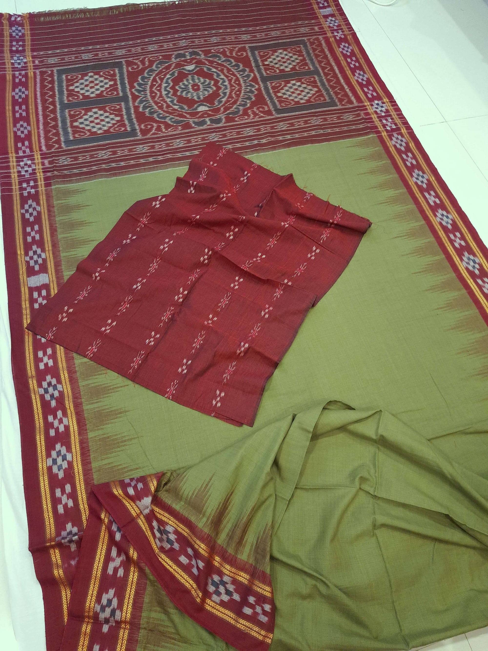 Olive Green Odisha Ikat saree with cotton ikat blouse piece