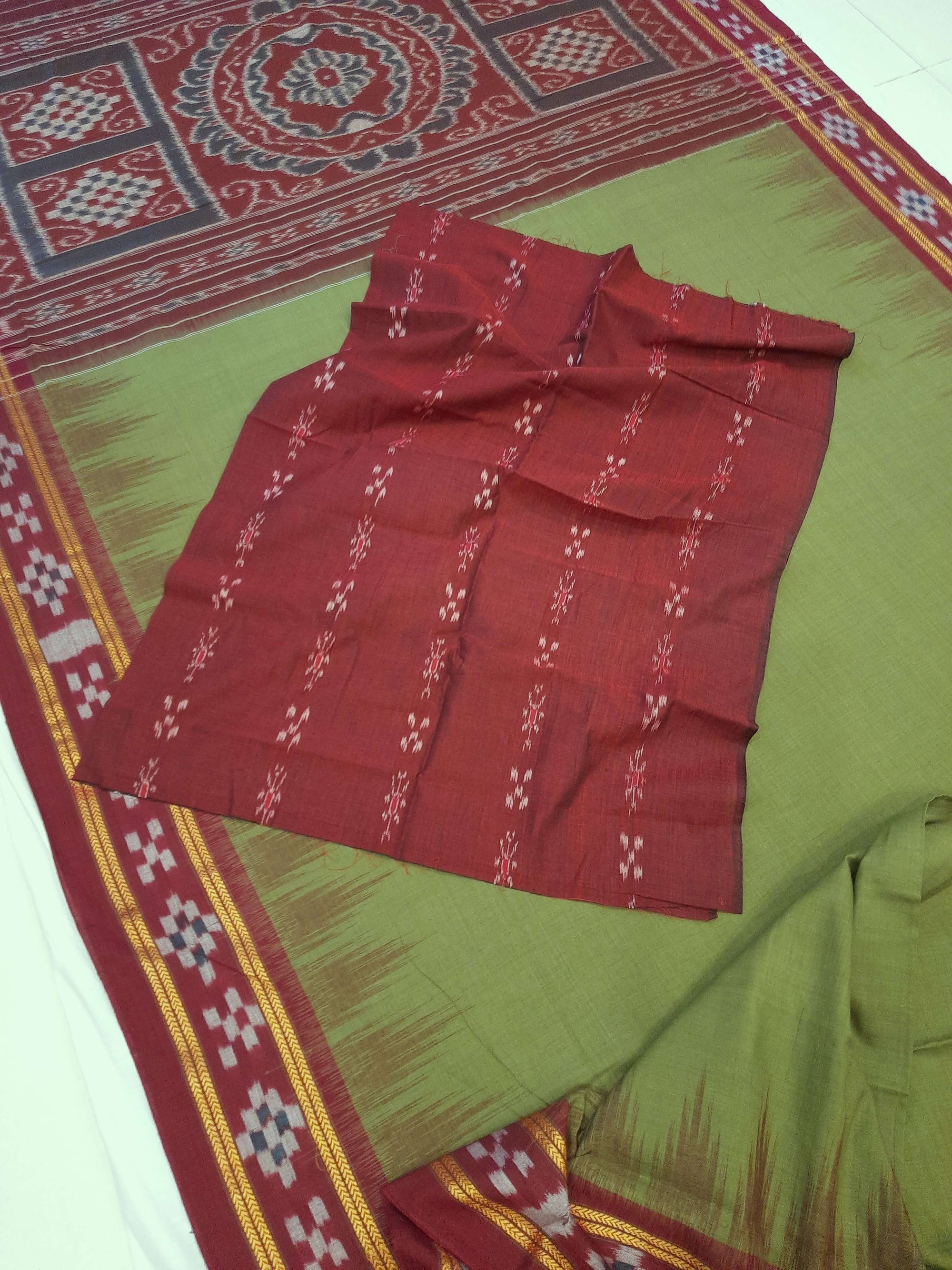 Olive Green Odisha Ikat saree with cotton ikat blouse piece