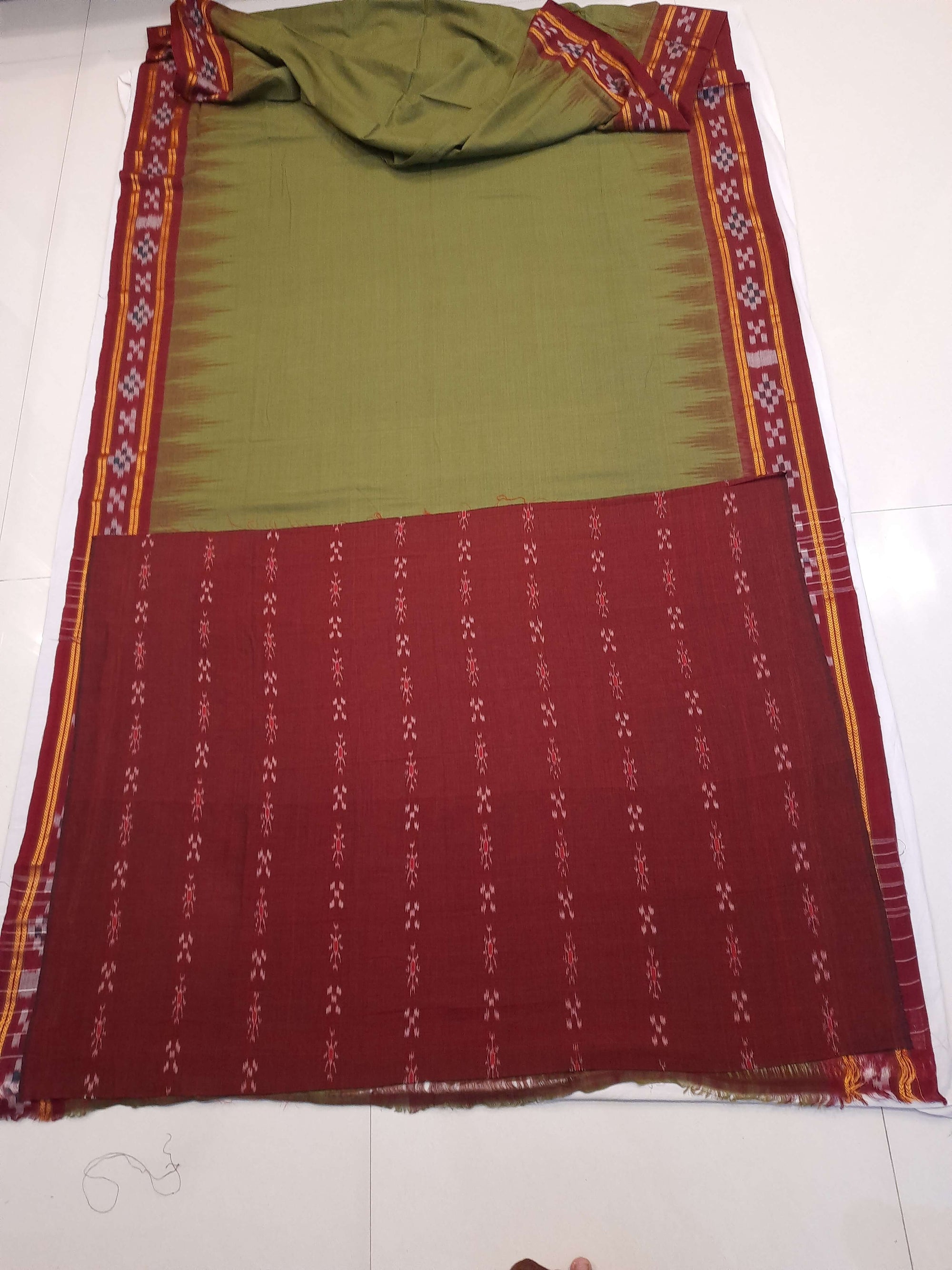 Olive Green Odisha Ikat saree with cotton ikat blouse piece