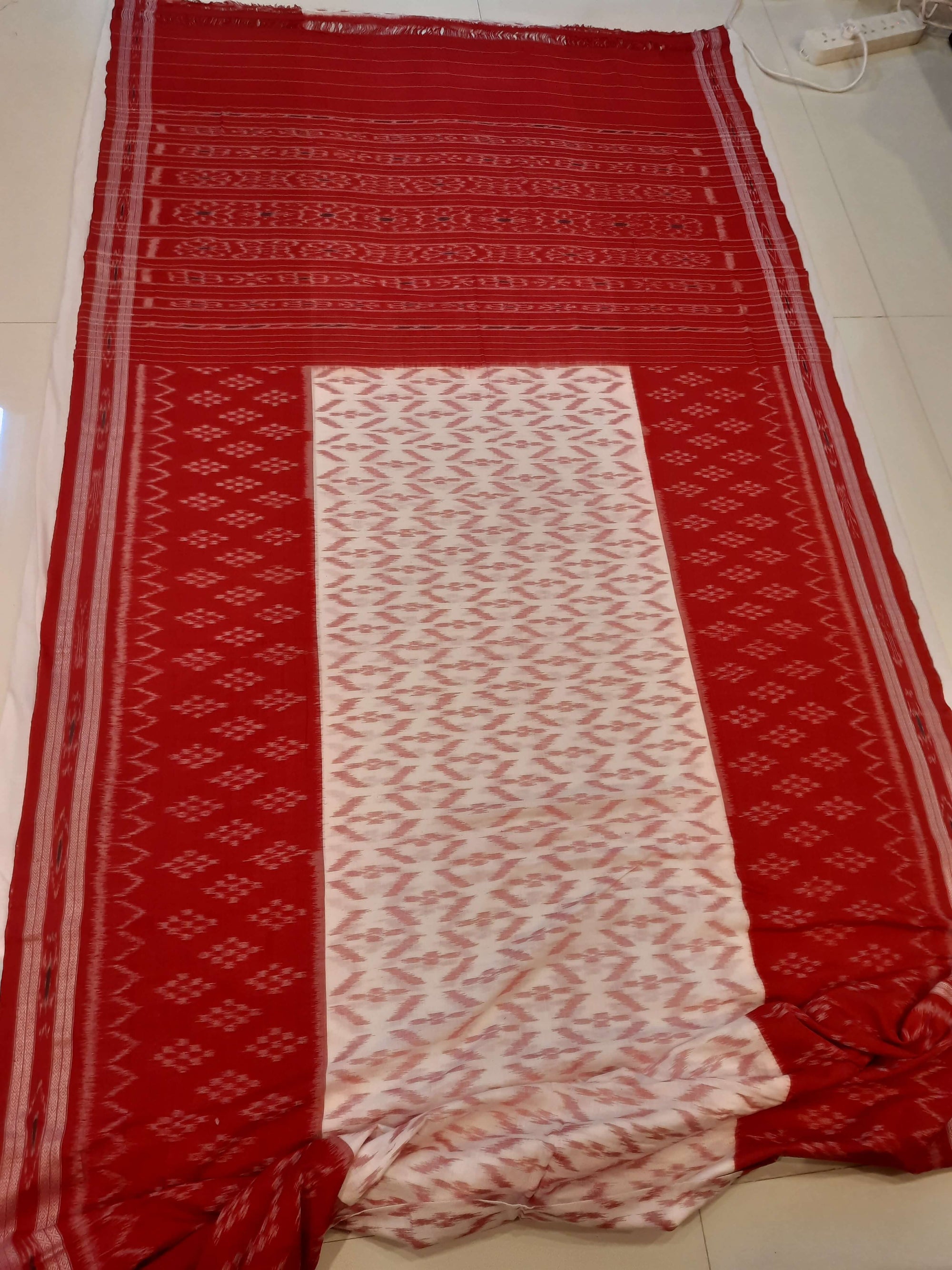 White Red wide border Cotton Odisha Ikat saree with mix match cotton ikat blouse piece
