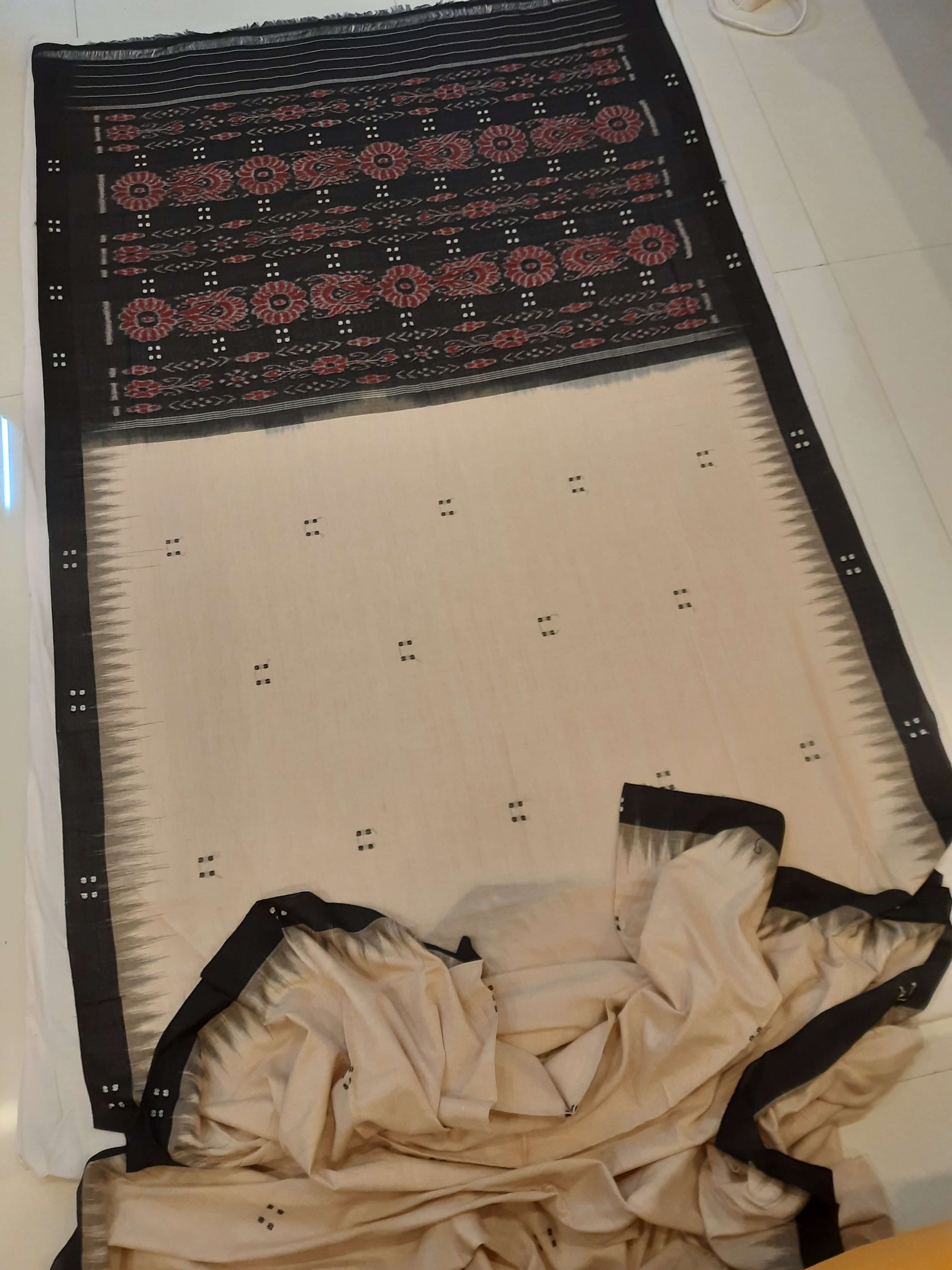 Beige with Black Cotton Odisha Ikat saree  with mix match cotton ikat blouse