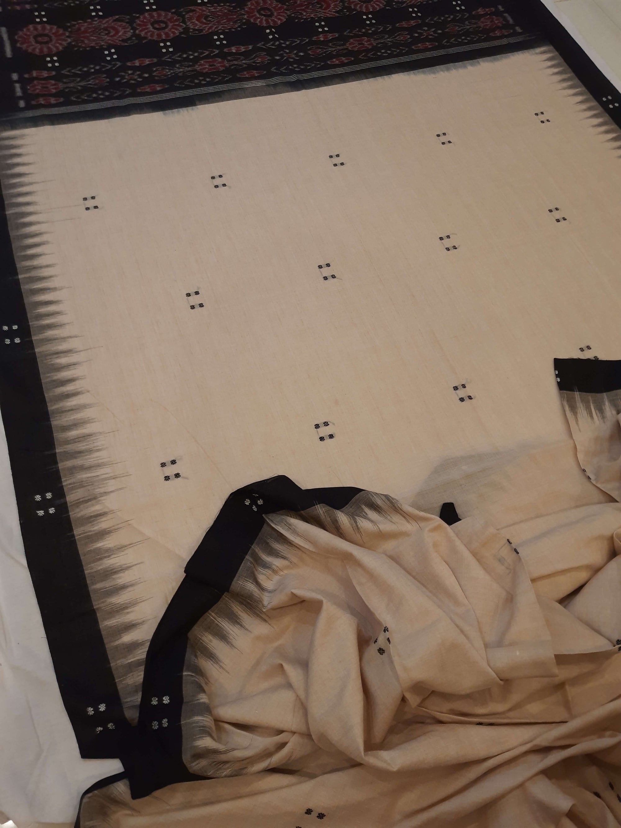 Beige with Black Cotton Odisha Ikat saree  with mix match cotton ikat blouse