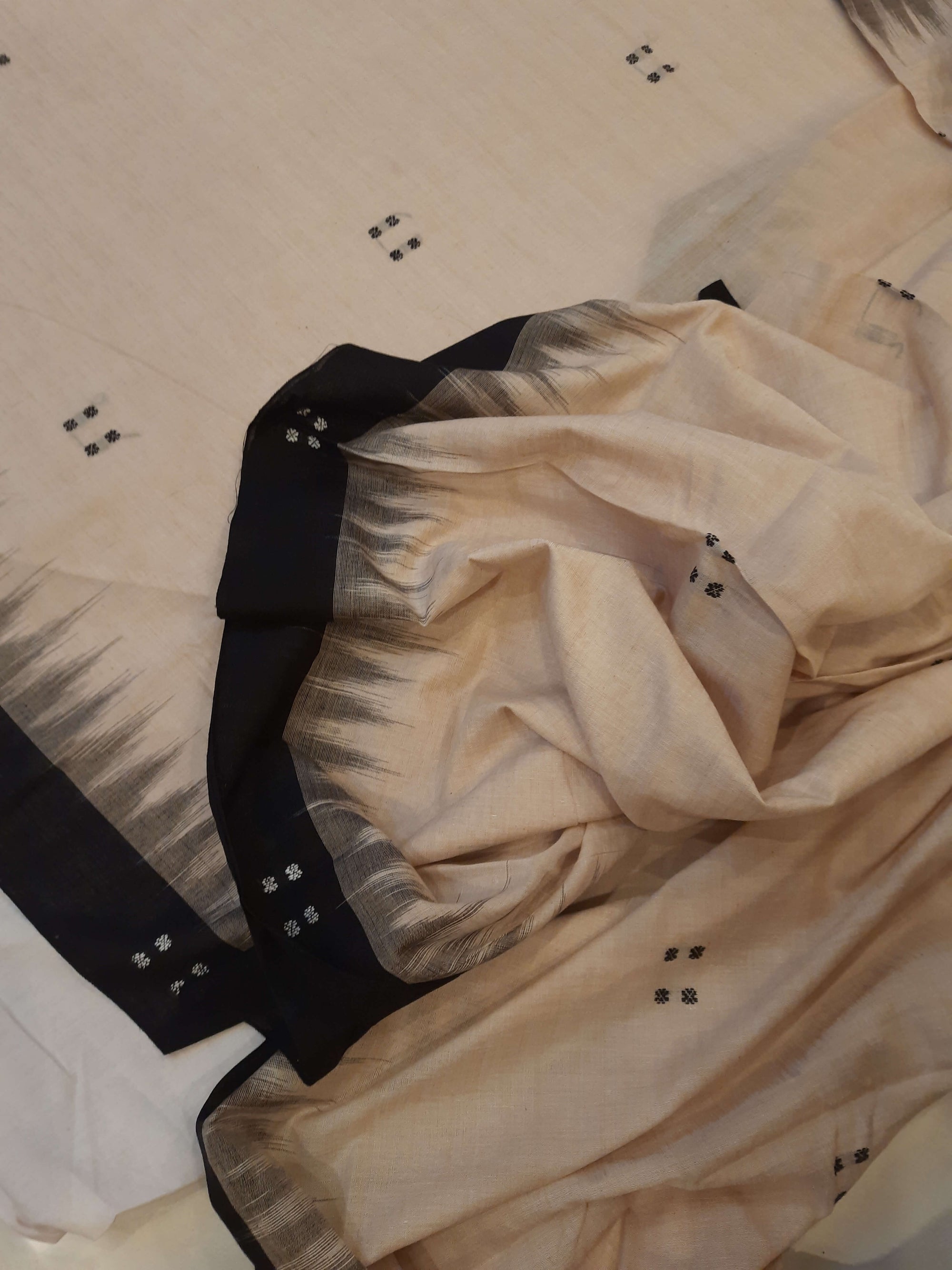 Beige with Black Cotton Odisha Ikat saree  with mix match cotton ikat blouse