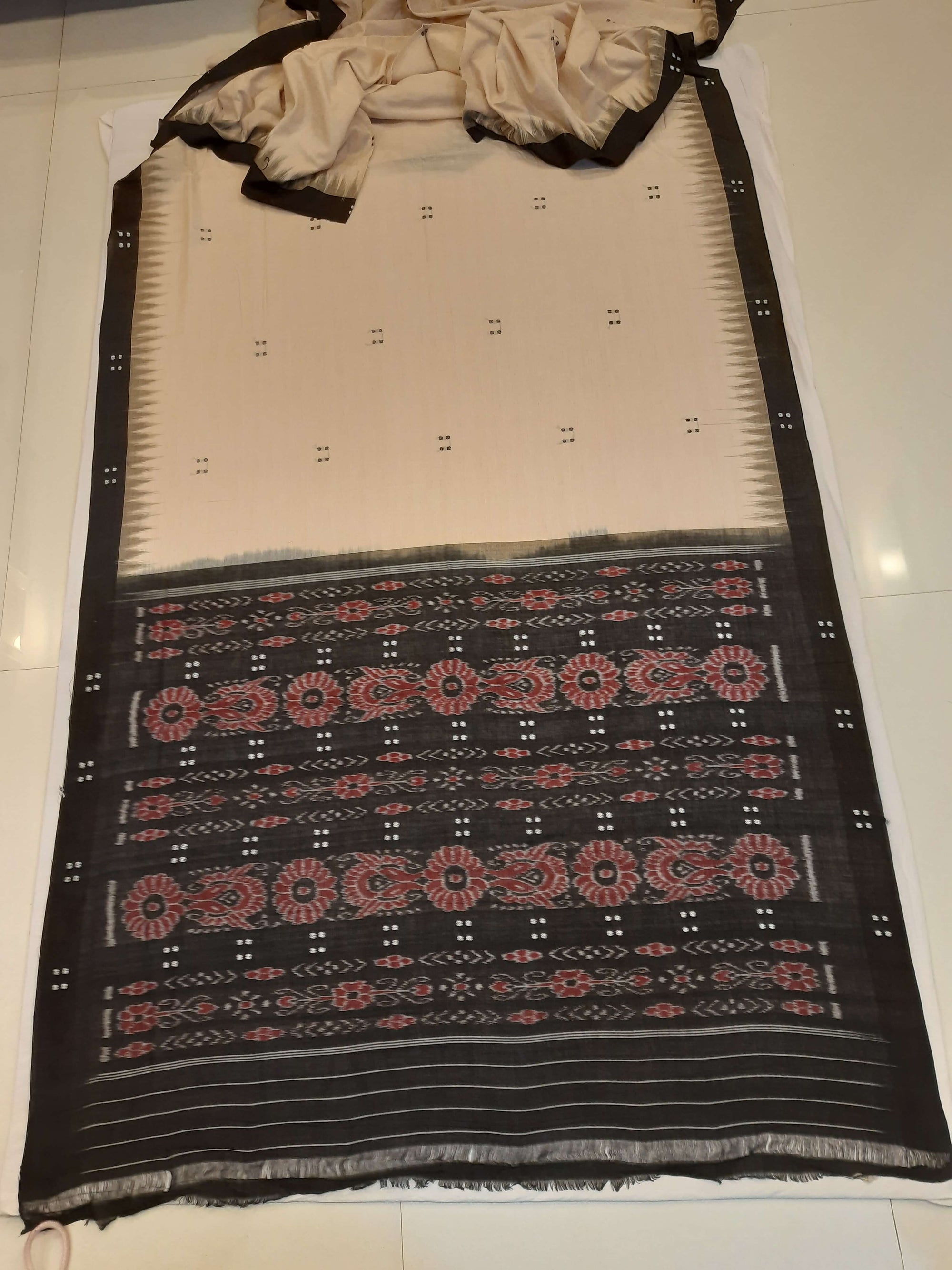 Beige with Black Cotton Odisha Ikat saree  with mix match cotton ikat blouse
