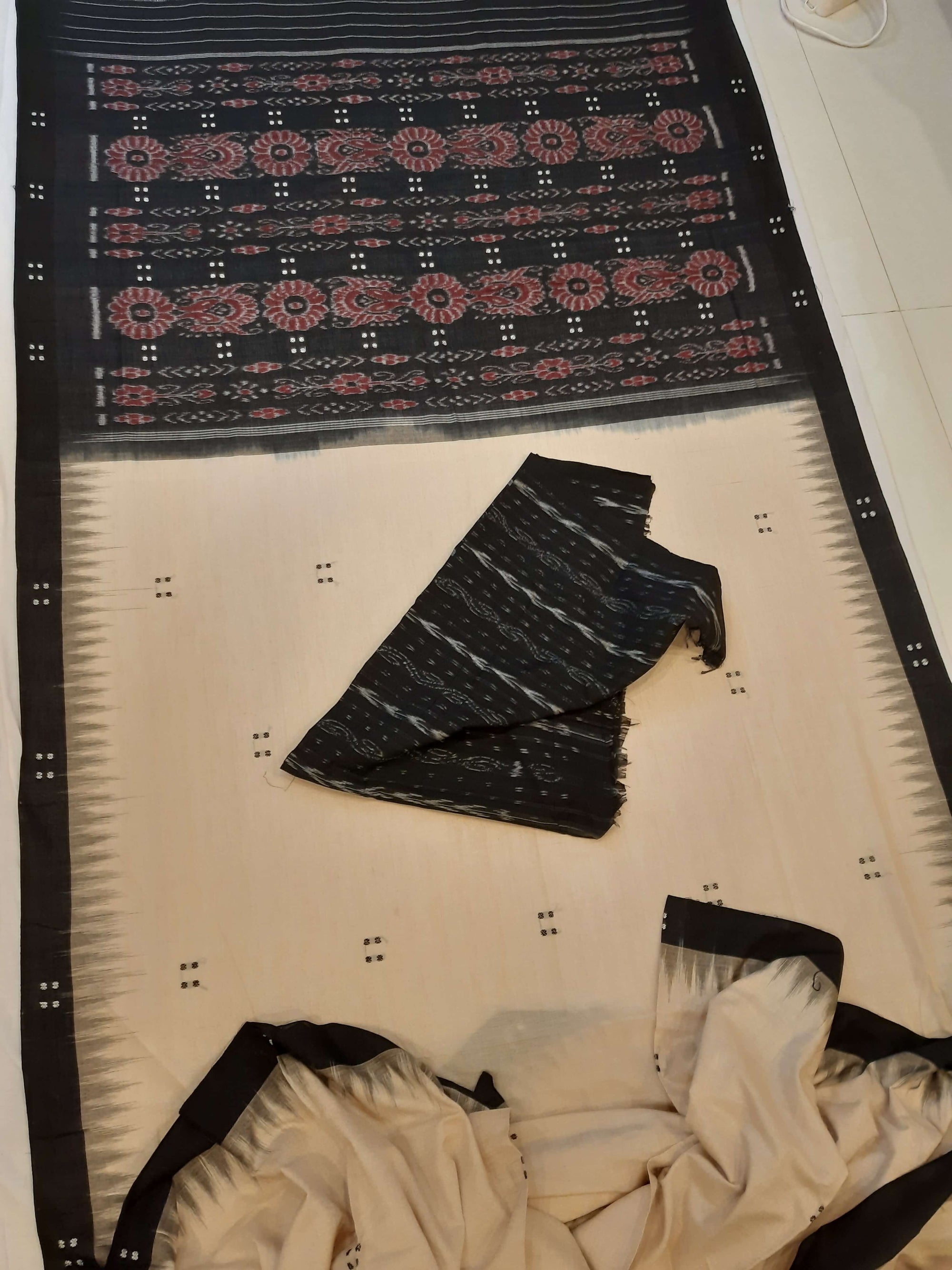 Beige with Black Cotton Odisha Ikat saree  with mix match cotton ikat blouse