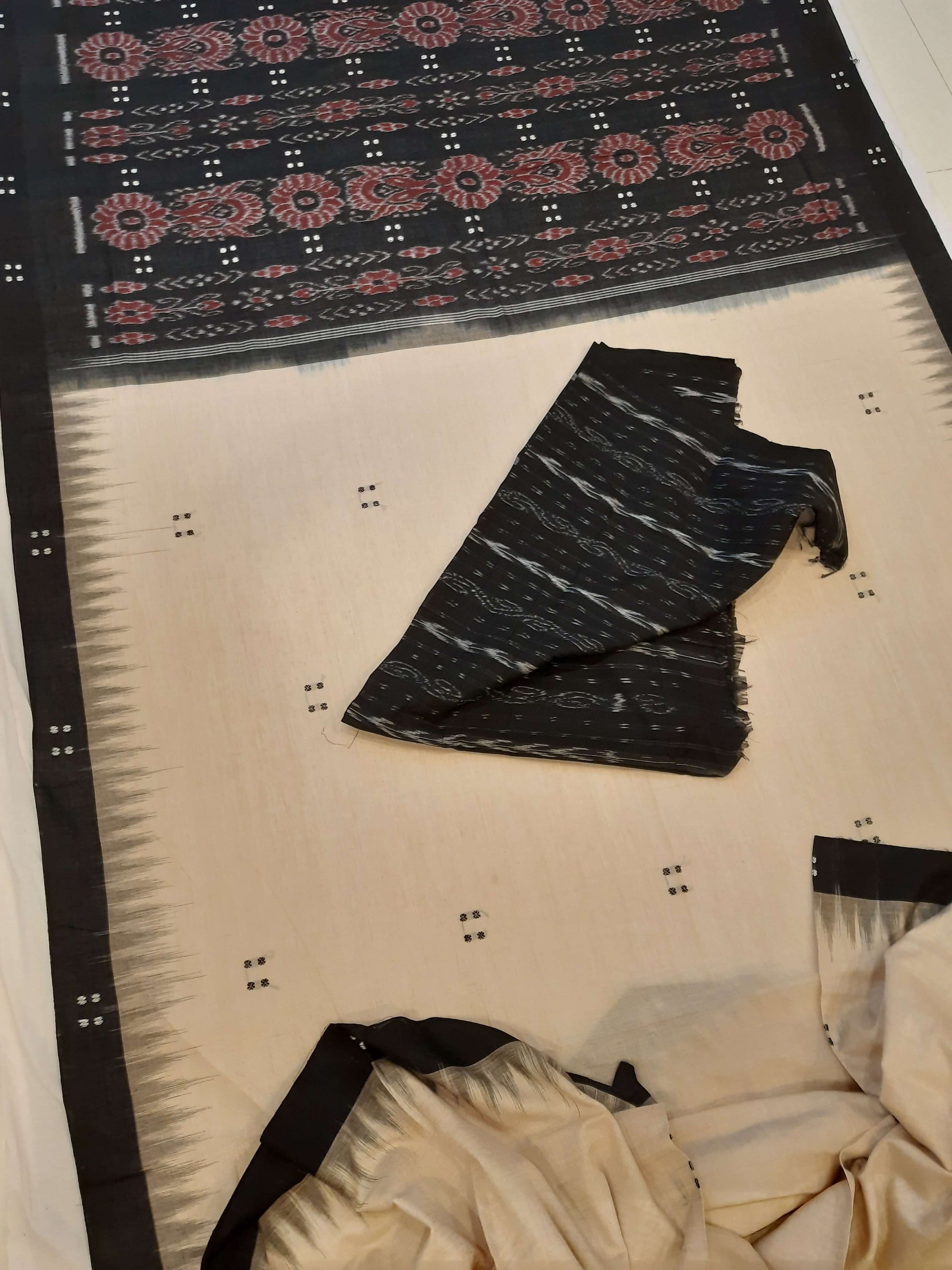 Beige with Black Cotton Odisha Ikat saree  with mix match cotton ikat blouse